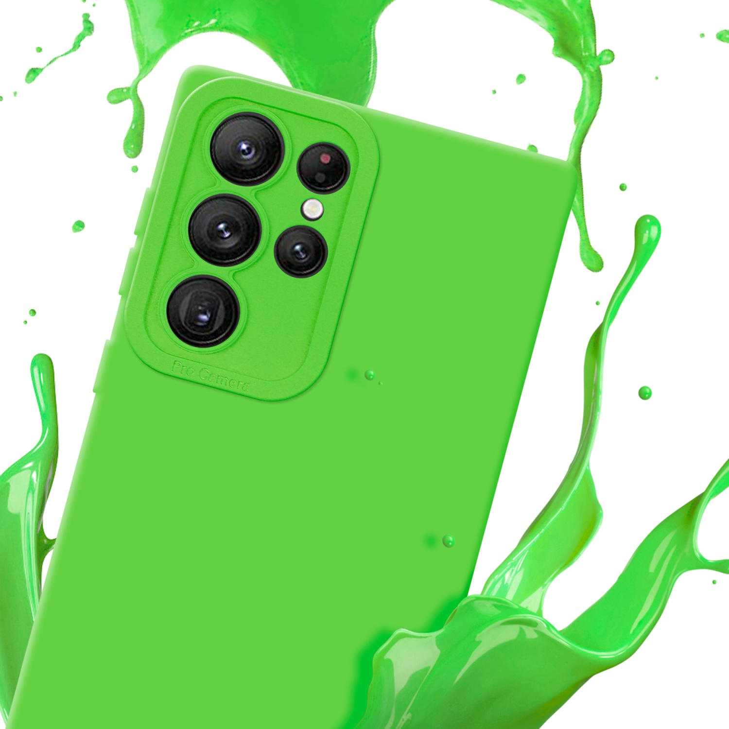 Una custodia verde per telefono con una serie di fotocamere. Schizzi di vernice verde intorno alla custodia su sfondo bianco.