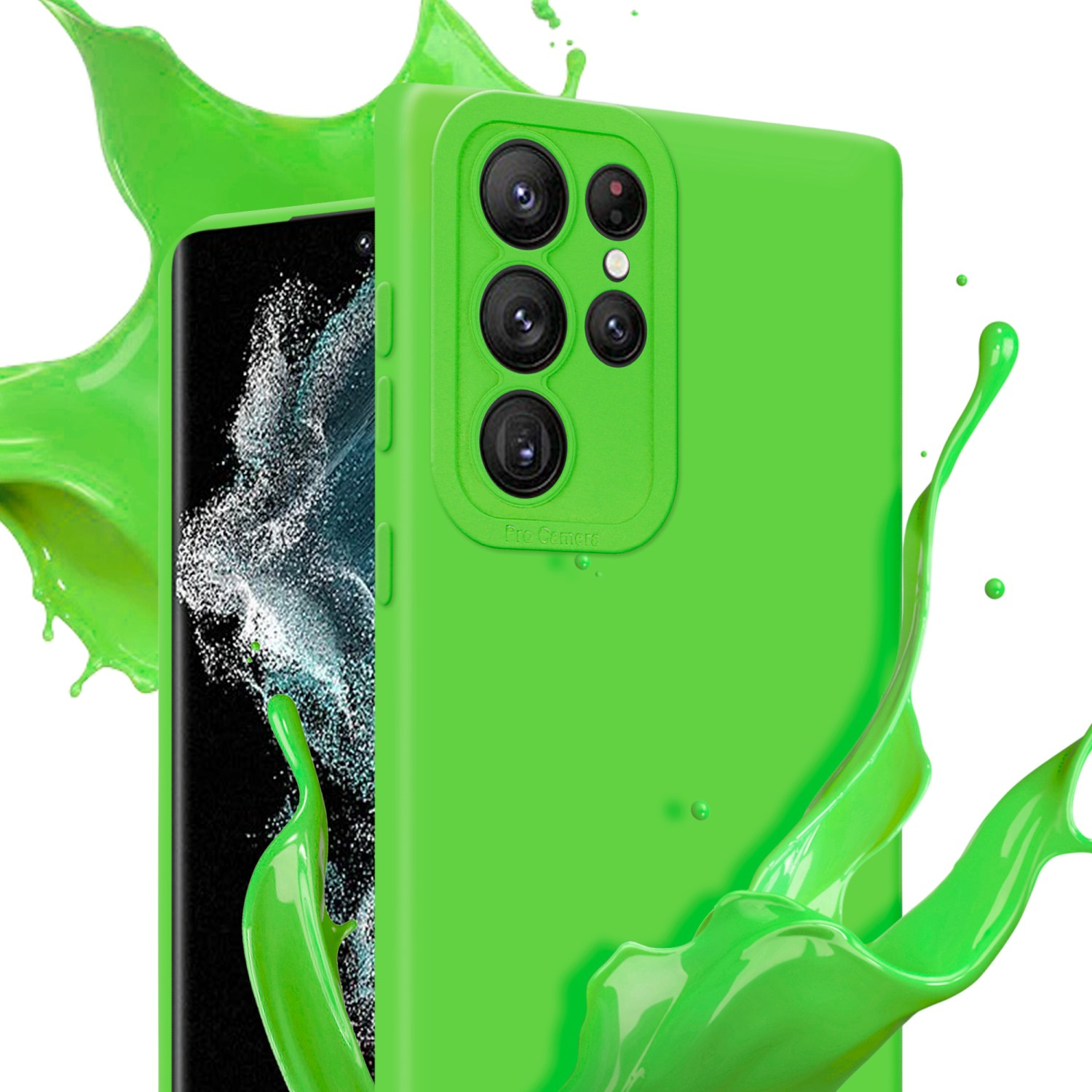 Custodia per telefono verde con telefono. Schizzo di vernice verde dietro il telefono.