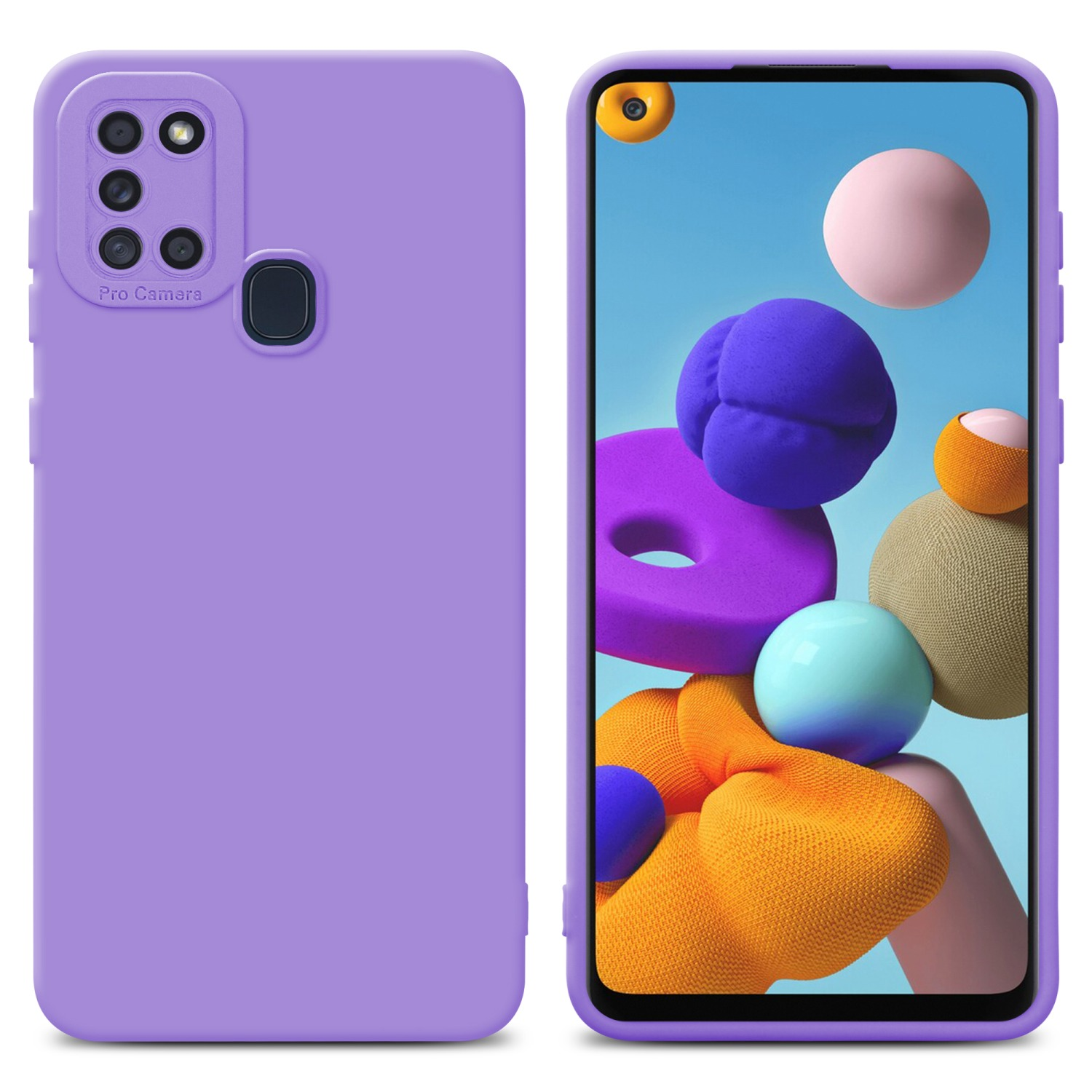 Custodia viola con telefono. Il telefono ha uno sfondo colorato.
