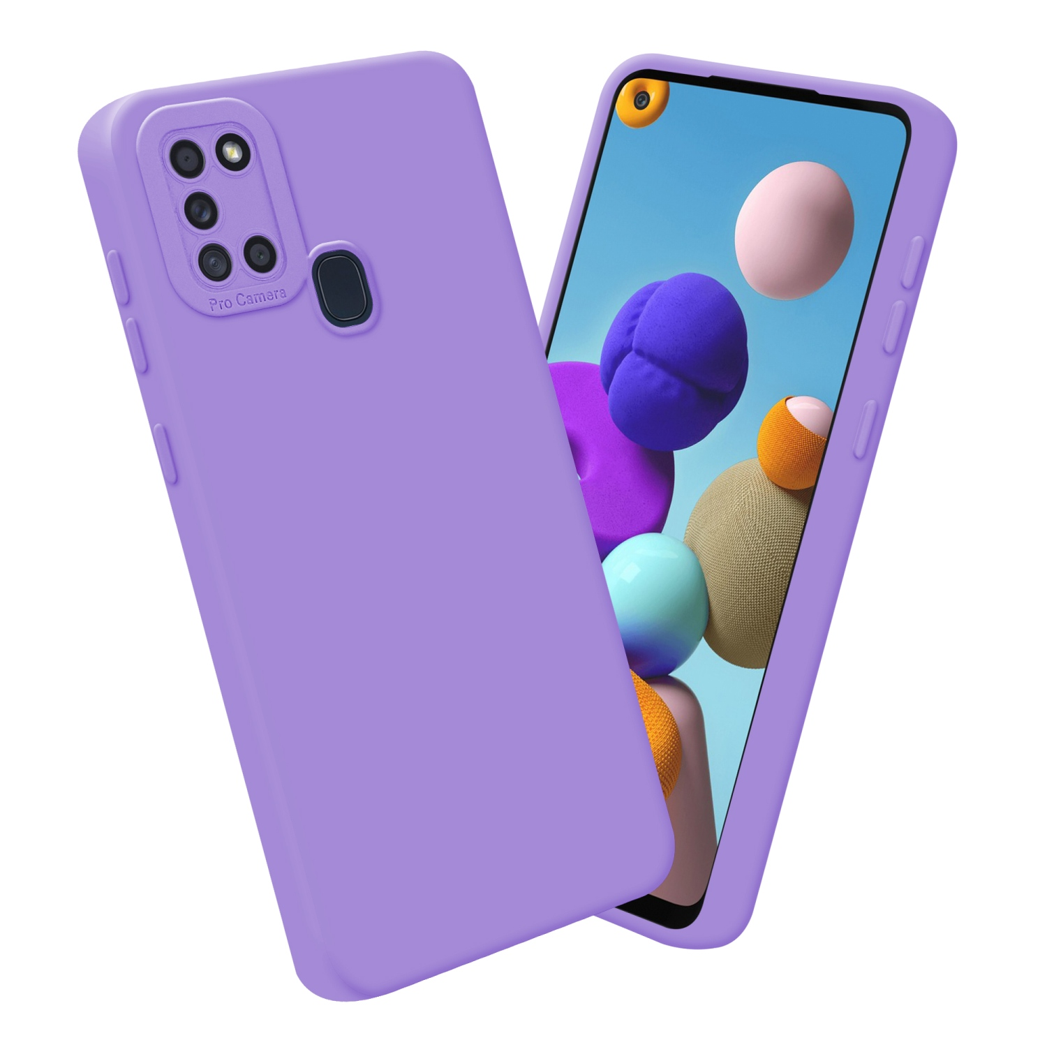 Due telefoni viola con custodie. Uno copre il telefono, l'altro è accanto.