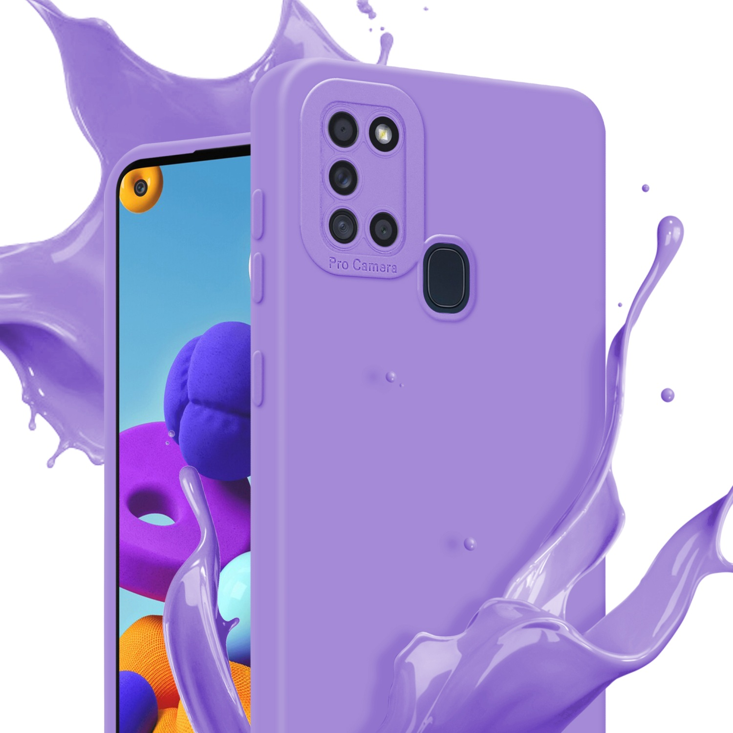 Una custodia viola per telefono e telefono con spruzzi viola.