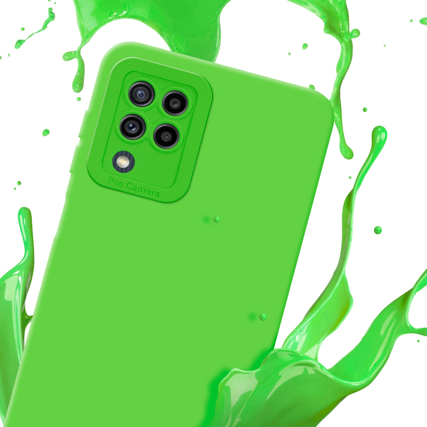 Custodia verde con quattro fotocamere, con schizzo di vernice verde su sfondo bianco.