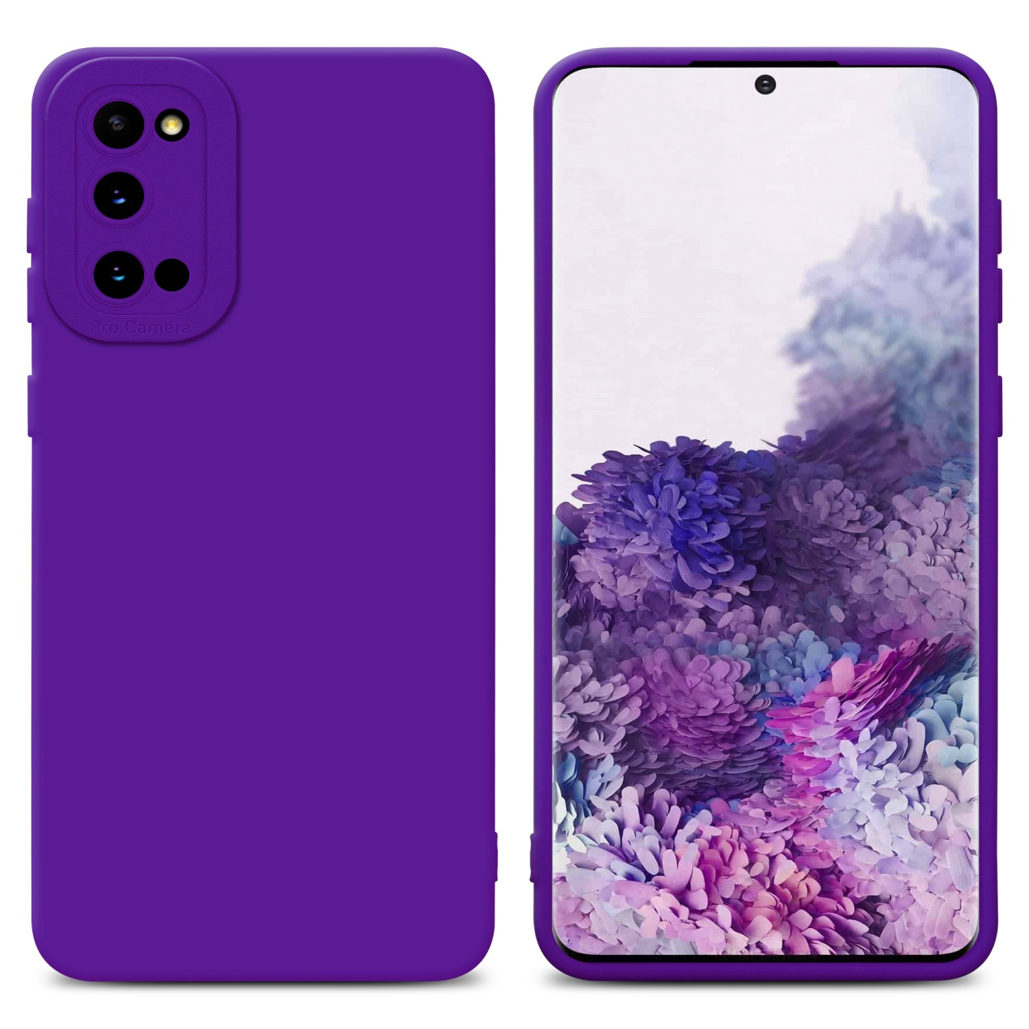 Lila Handyhülle. Telefonbildschirm zeigt Uhrzeit und Datum. Weißer Hintergrund.