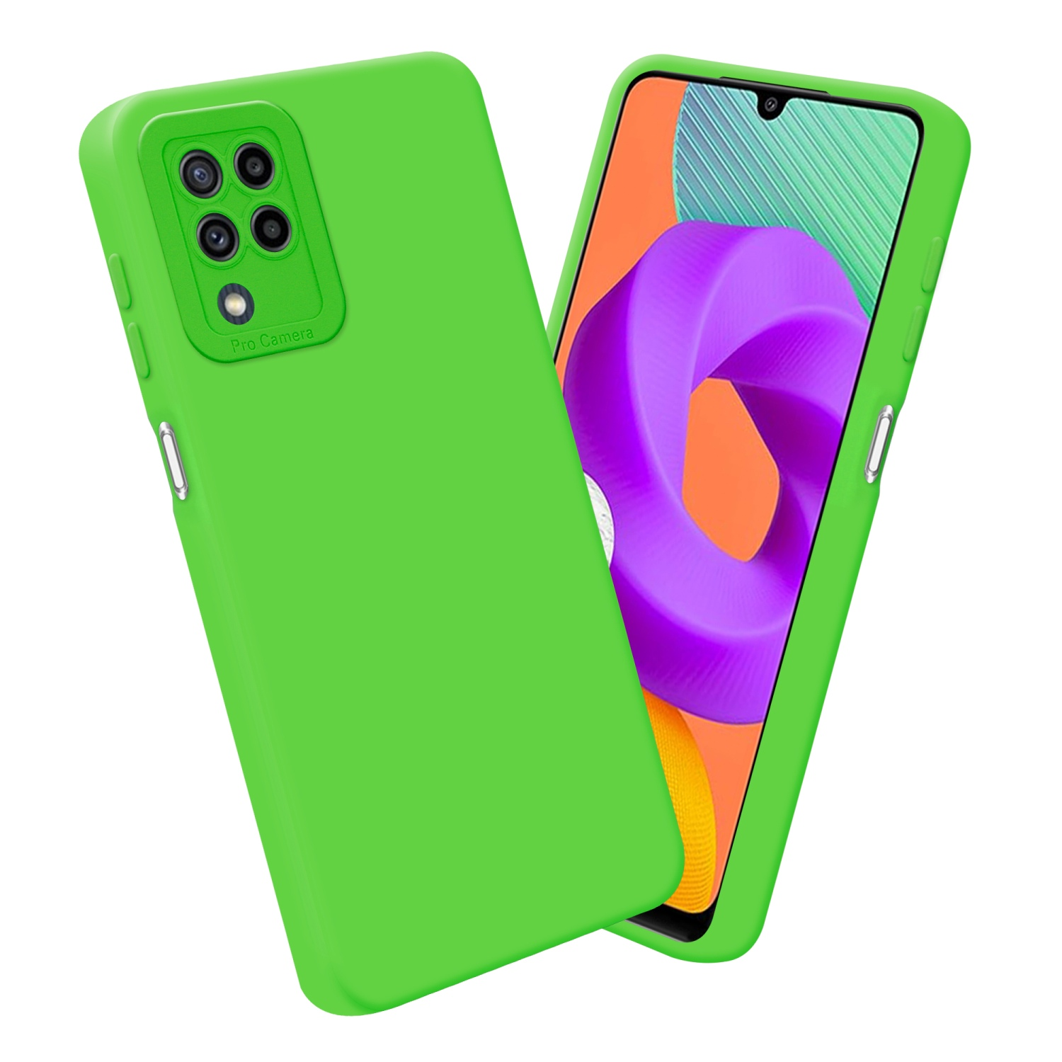 Custodia verde per telefono accanto a un telefono che mostra un display viola, verde e arancione.