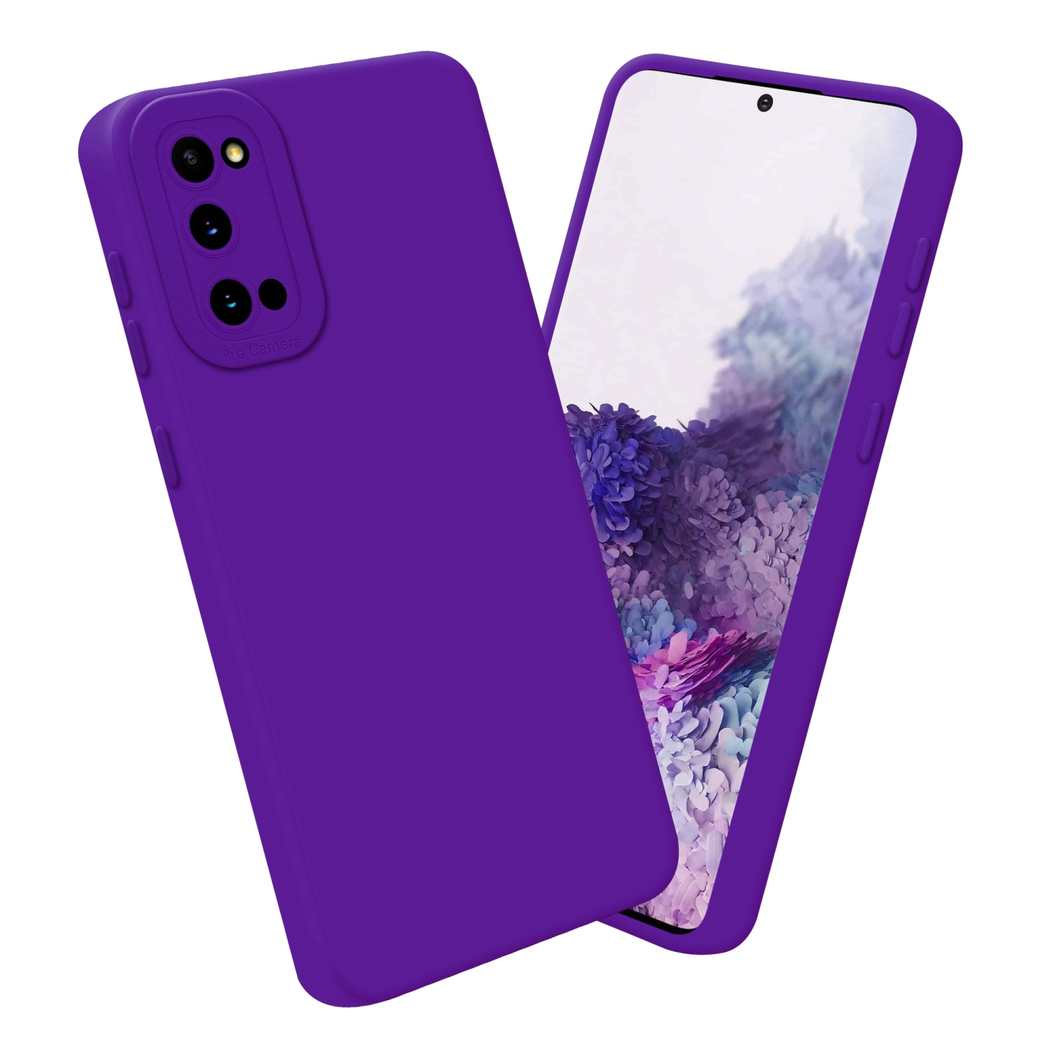 Lila Handyhülle mit Telefon. Telefonbildschirm sichtbar. Kameradetails sind sichtbar.