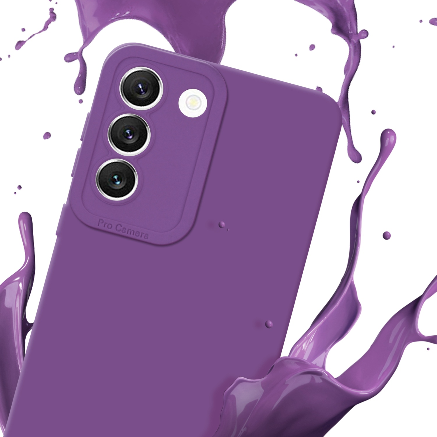 Coque de téléphone violette avec une découpe pour l'appareil photo. Éclaboussure de peinture violette.