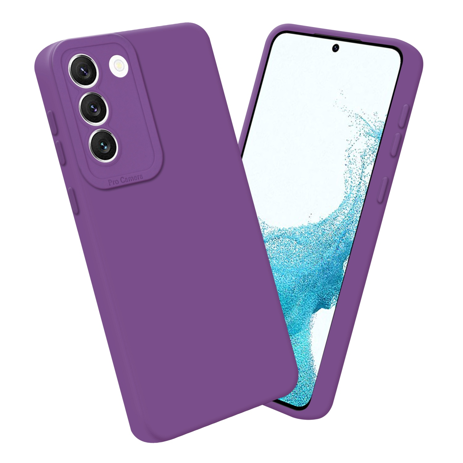 Coques de téléphone violettes avec un téléphone et une caméra sur le côté gauche.