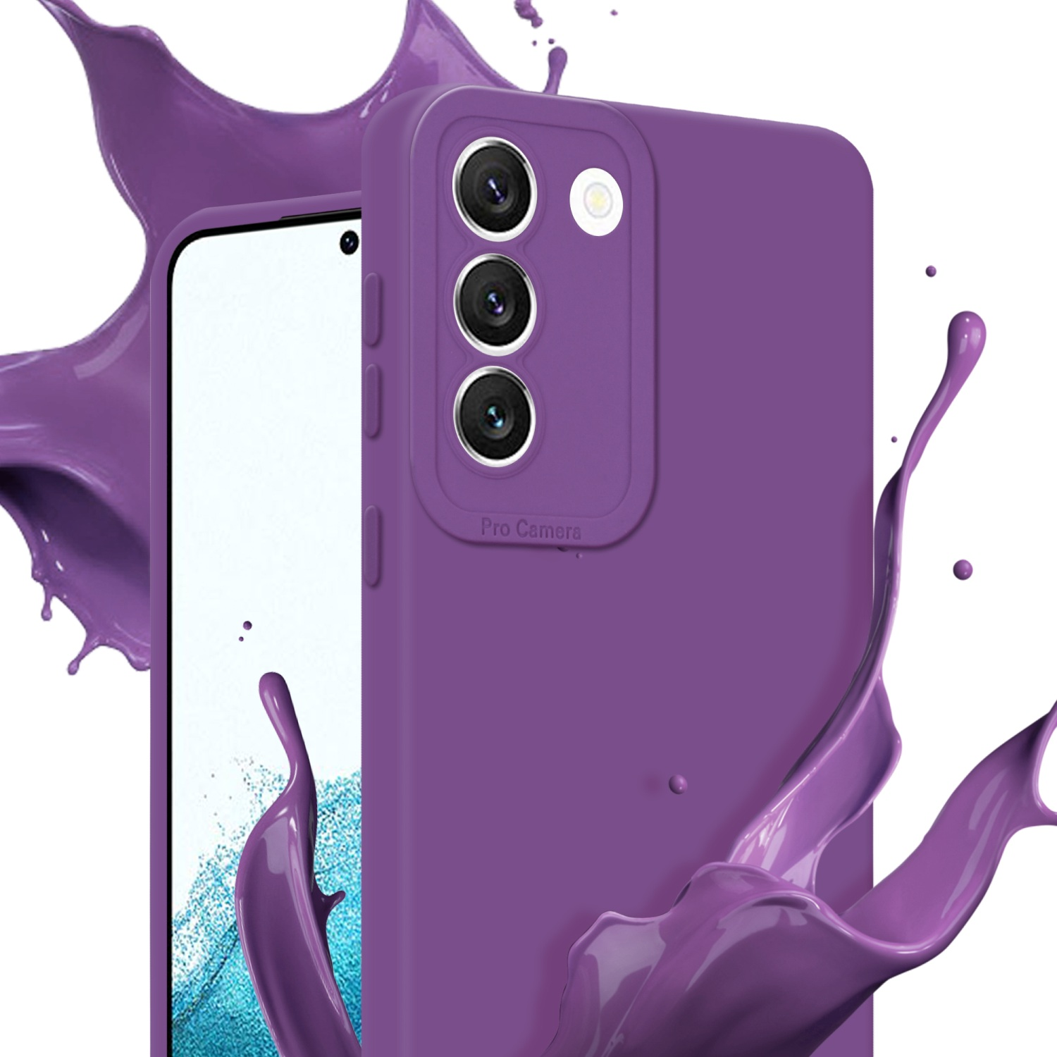 Coque de téléphone violette avec téléphone à l'intérieur, avec éclaboussures de liquide violet sur fond blanc.