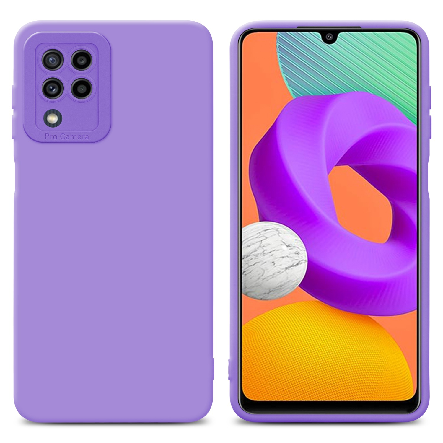 Custodia per telefono viola con obiettivo della fotocamera e schermo del telefono che mostra forme bianche, viola, gialle.