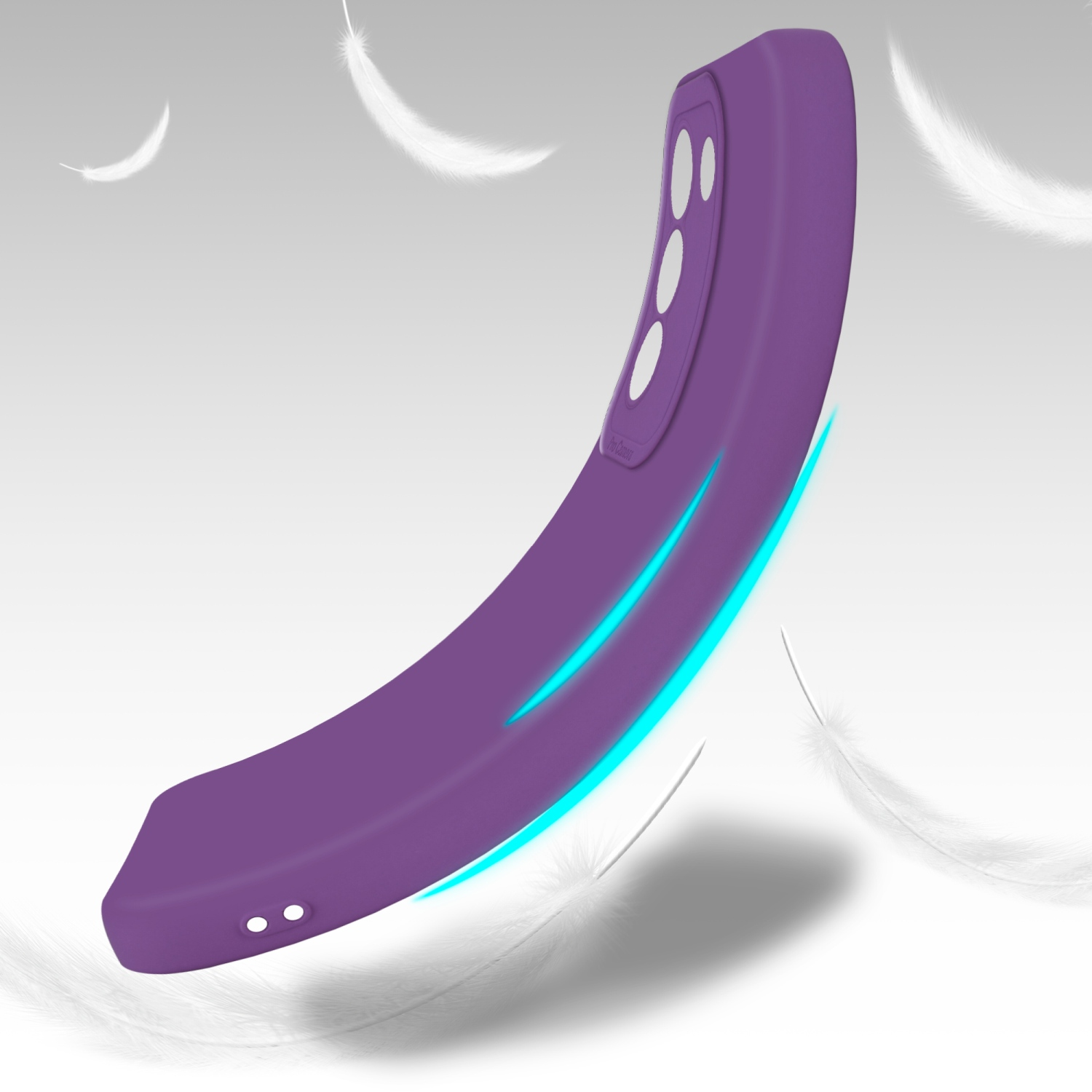 Coque de téléphone violette en forme incurvée, avec plumes blanches flottantes.