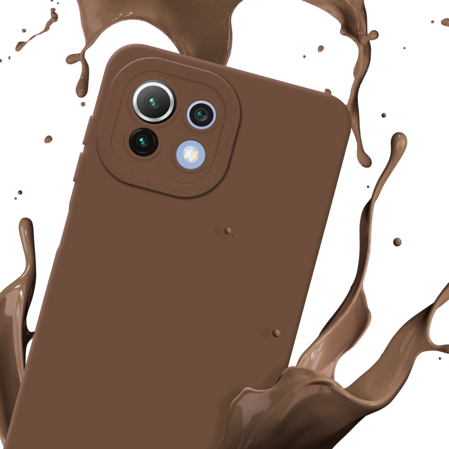 Coque de téléphone marron avec effet d'éclaboussure. La coque a une bosse de caméra.