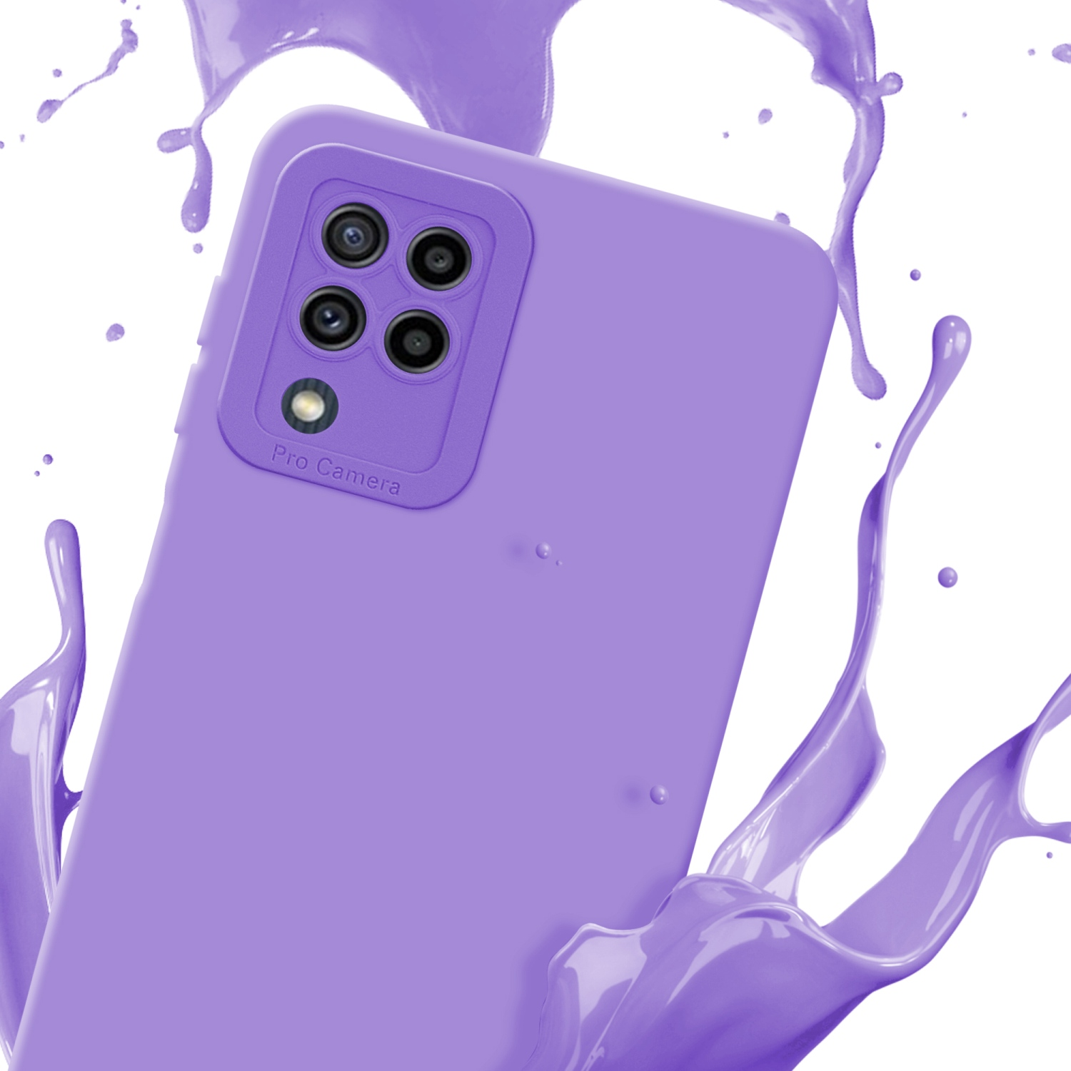 Una custodia viola con modulo fotocamera è circondata da schizzi di vernice viola su sfondo bianco.