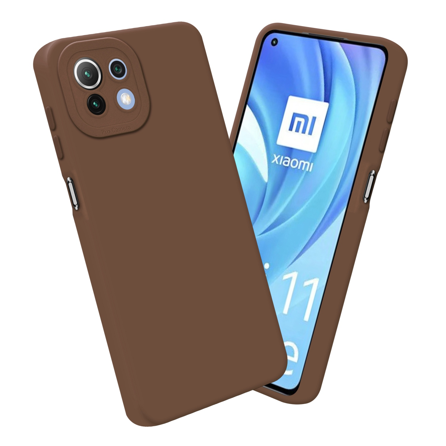 Coque de téléphone marron et téléphone affichant un logo MI et un fond blanc.