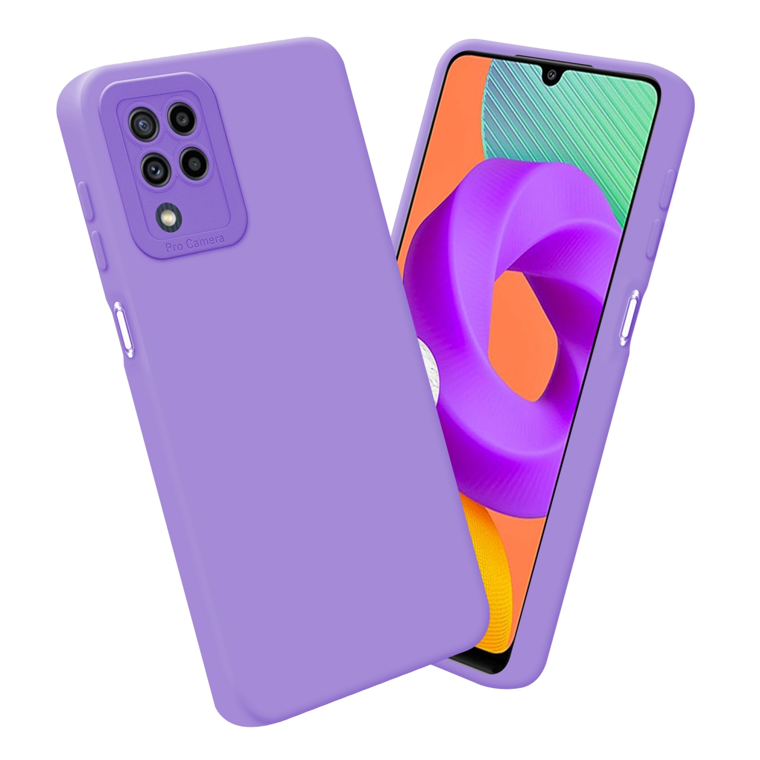 Custodia viola con telefono con display. Lo sfondo è bianco.