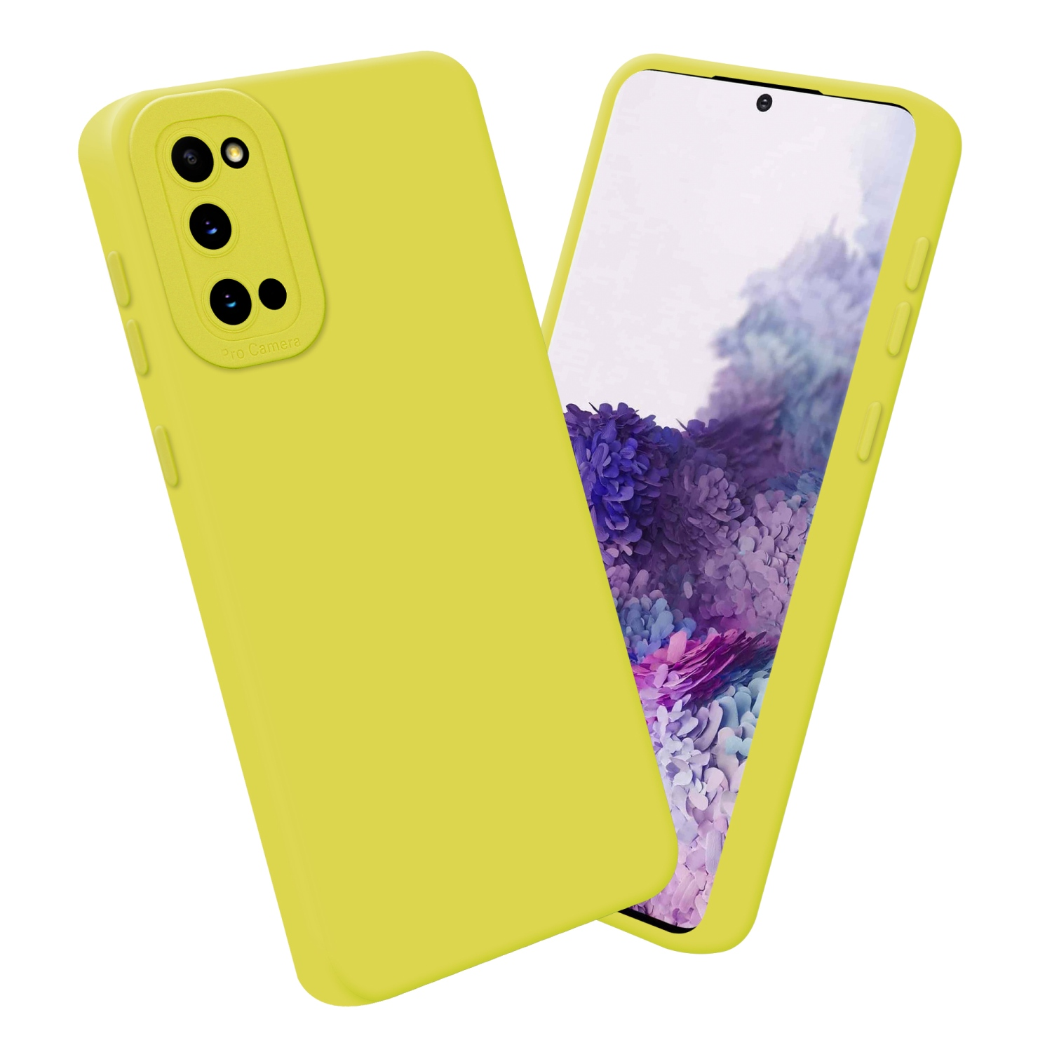 Due custodie gialle per telefono, una con un telefono che mostra uno sfondo viola e fotocamere.