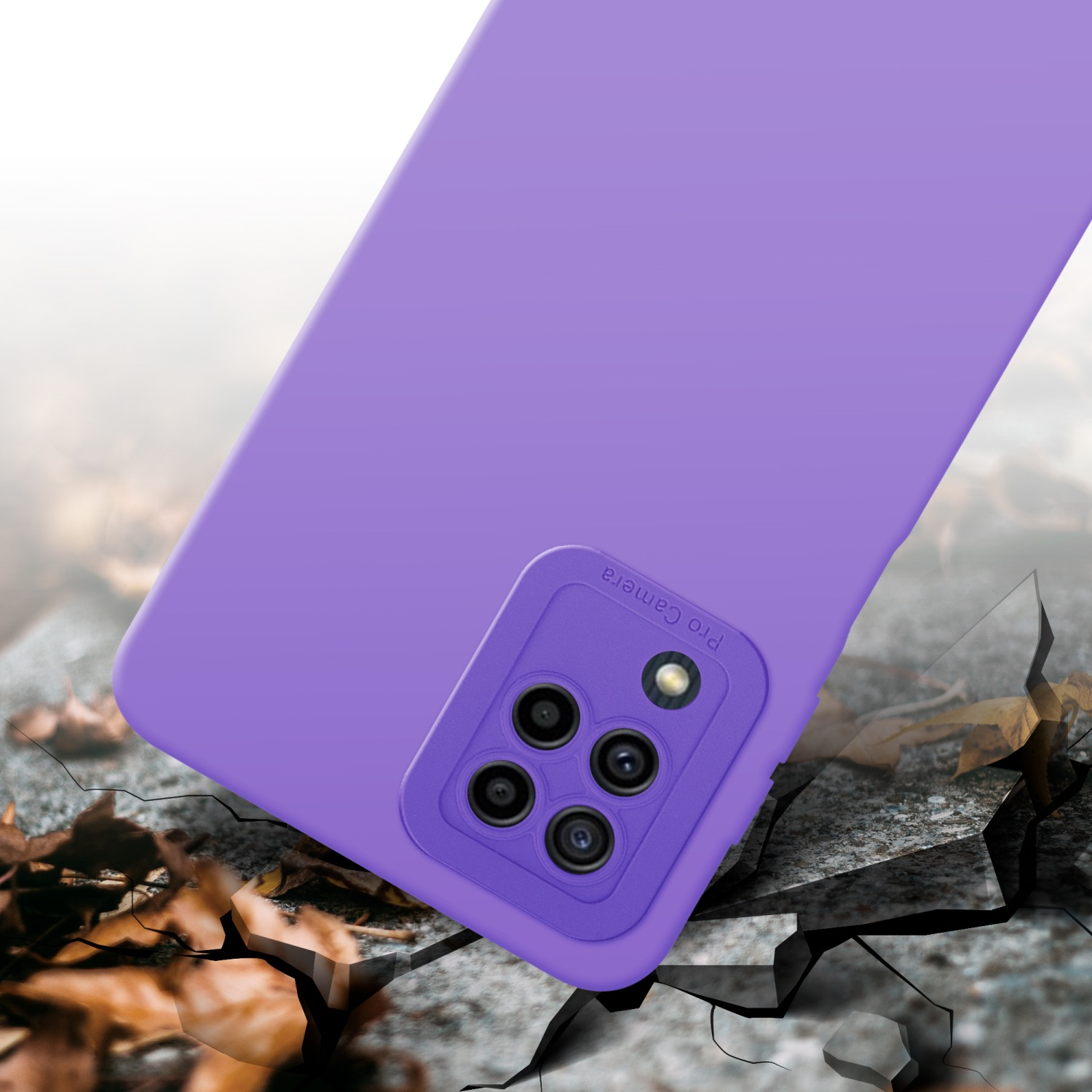 Custodia per telefono viola ad angolo, con sporgenza per fotocamera. È posizionata su una superficie incrinata.