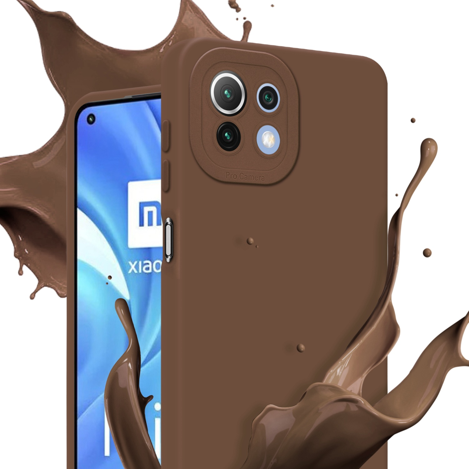 Une coque de téléphone marron avec un téléphone à l'intérieur, avec des éclaboussures de liquide marron.
