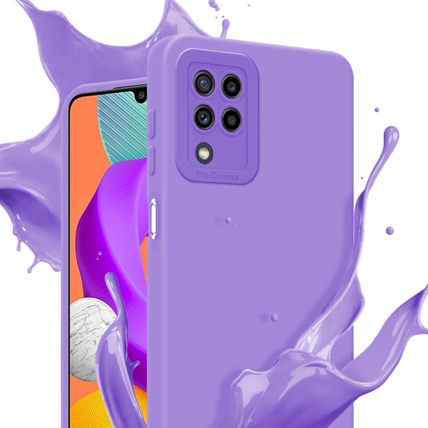 Custodia viola con effetto splash, telefono visibile. Lo sfondo è bianco.