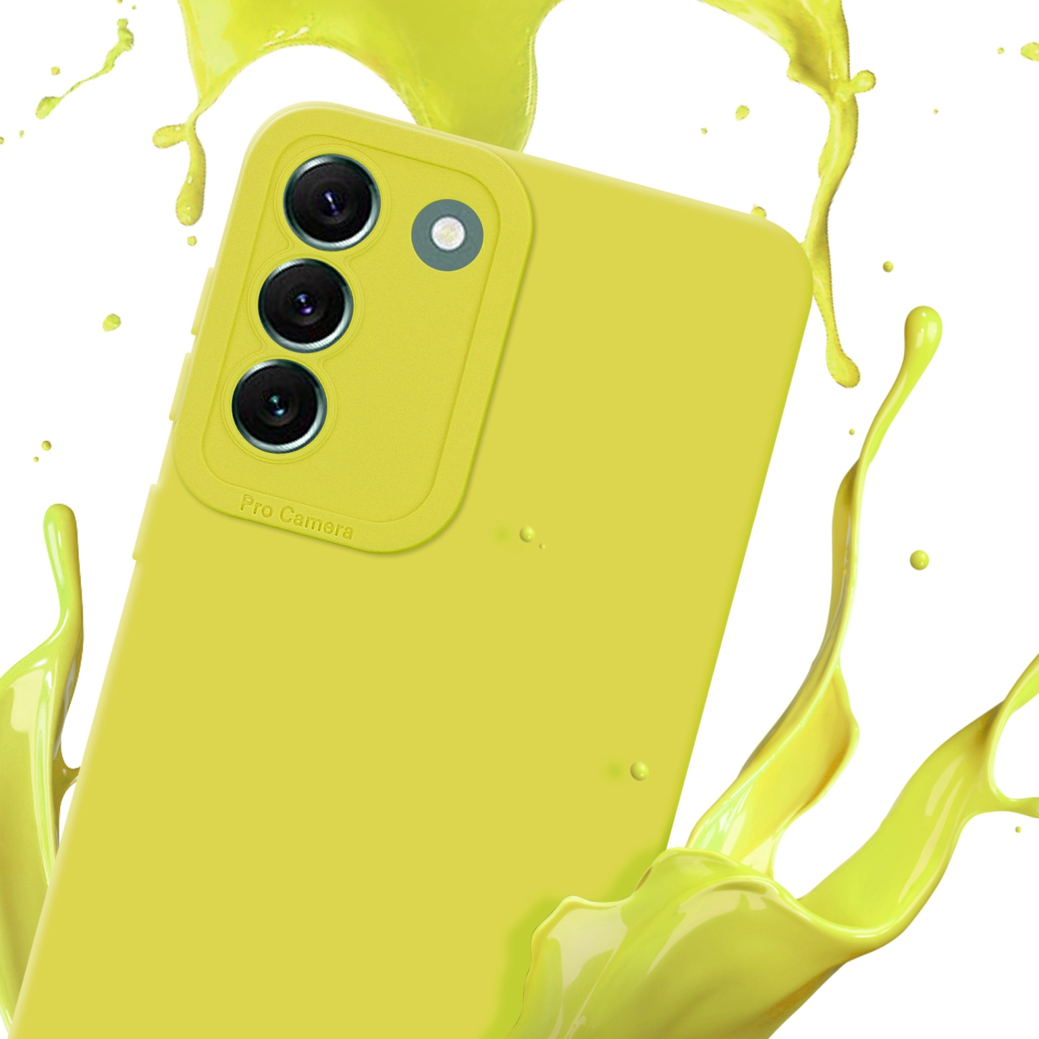 Una custodia per telefono gialla con tre fotocamere e uno schizzo giallo. La custodia è al centro.