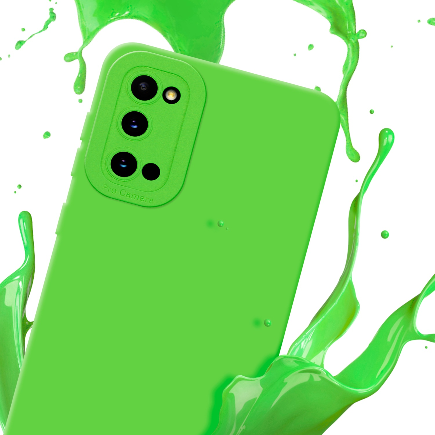 Un étui de téléphone vert avec une éclaboussure de peinture verte. La bosse de la caméra est visible.
