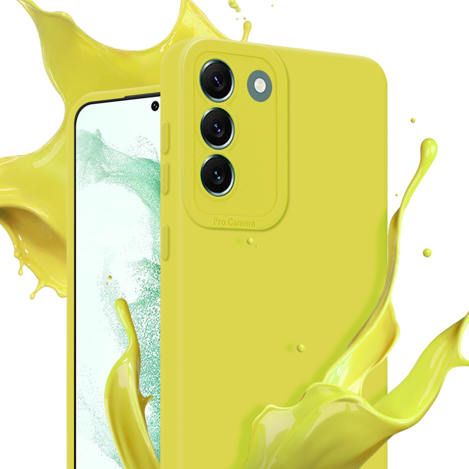 Una custodia per telefono gialla con un design pro camera e uno spruzzo di liquido giallo sullo sfondo.