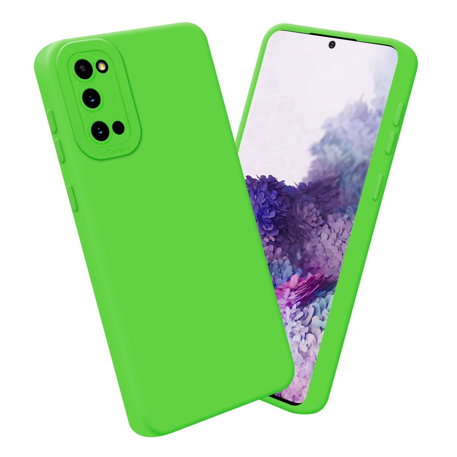 Une coque de téléphone verte avec un téléphone. La coque a des caméras. L'écran du téléphone affiche un arrière-plan.