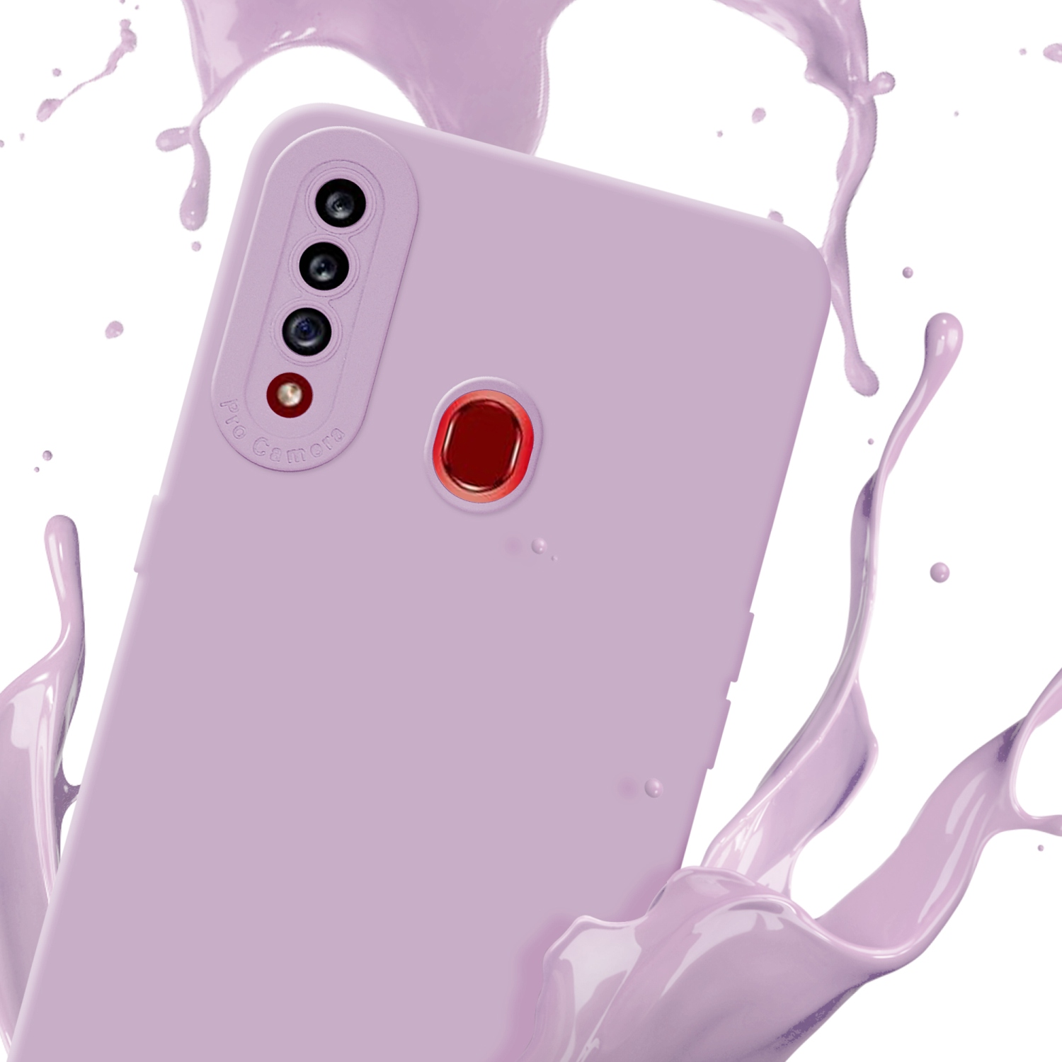 Lila Handyhülle mit Spritzer. Telefon hat Dreifachkamera und Fingerabdrucksensor.