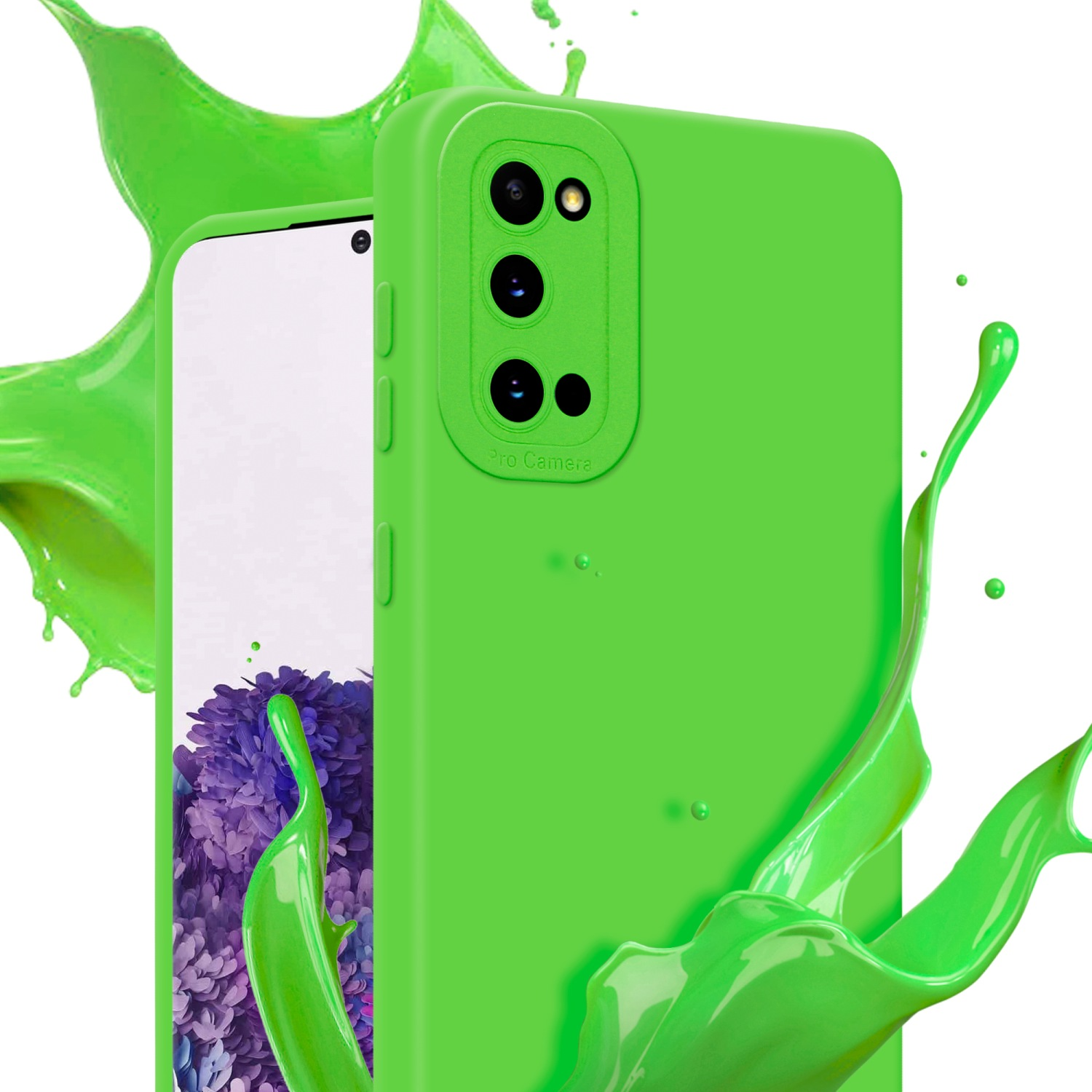 Coque de téléphone verte avec éclaboussures. Écran visible. Trois lentilles de caméra. Fond blanc.