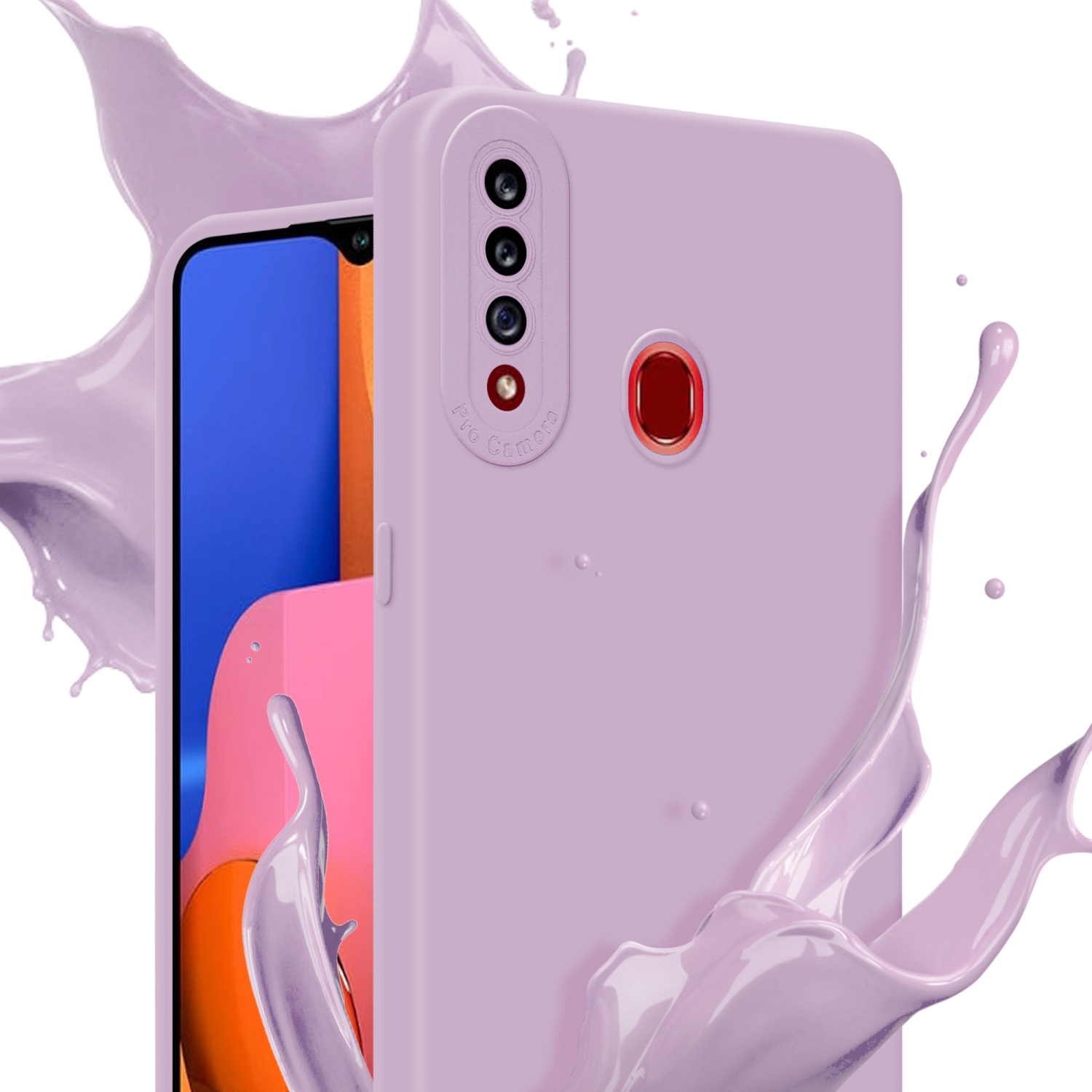 Lavendel-Handyhülle mit vier Kameralinsen, roter Akzent. Lila Spritzeffekt. Telefon auf hellem Hintergrund.