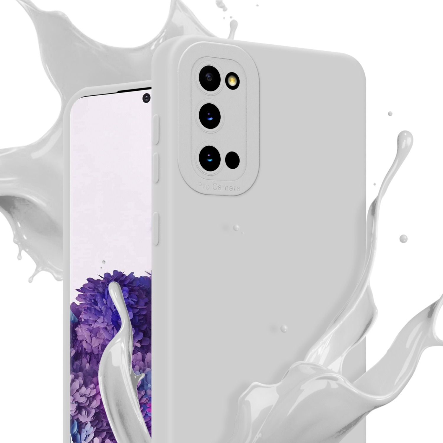 Custodia grigia con dosso per fotocamera e schizzo di liquido bianco. Schermo del telefono visibile.