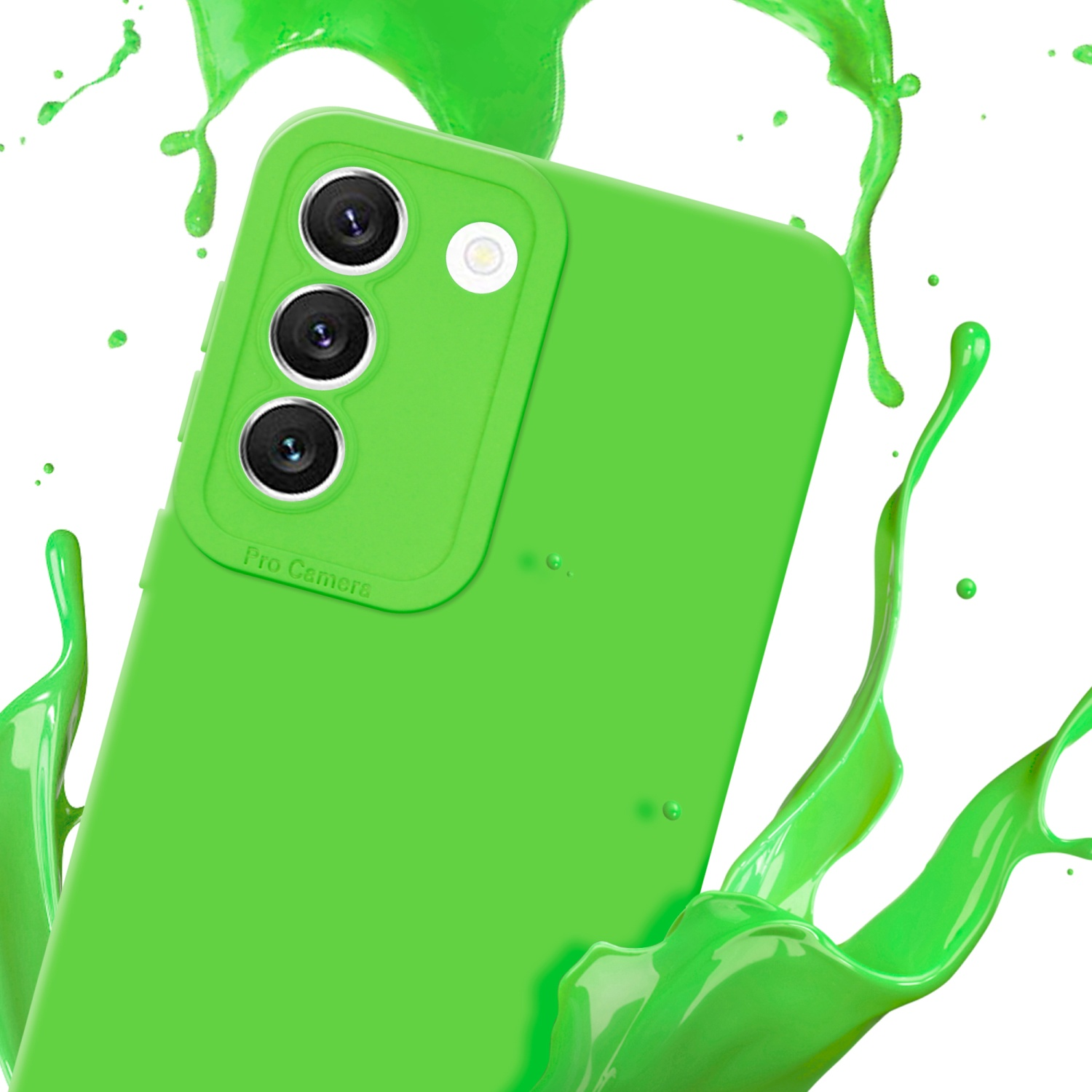 Grüne Handyhülle mit drei Kameralinsen, mit einem Spritzer grüner Farbe.