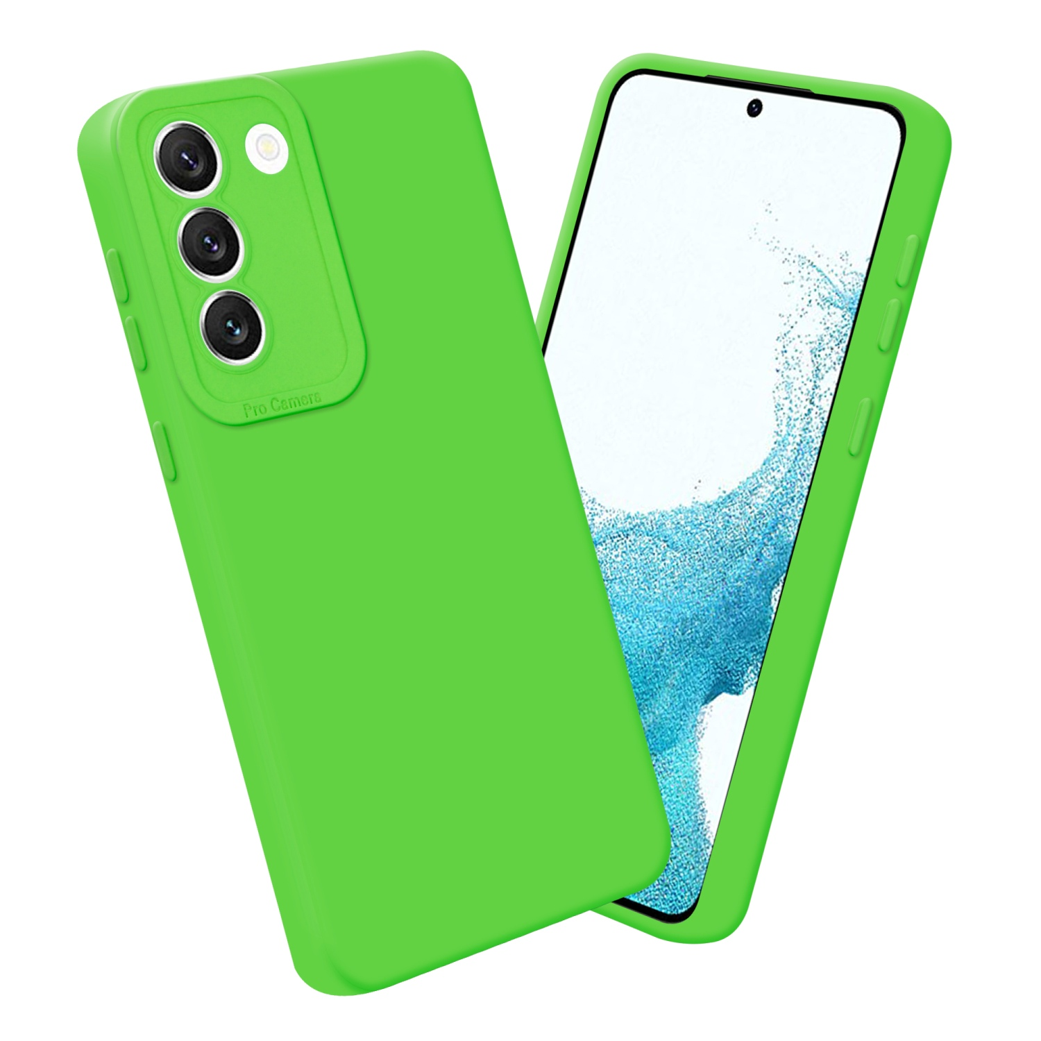 Grüne Handyhülle, Telefon und Hülle zusammen, weißer Hintergrund.