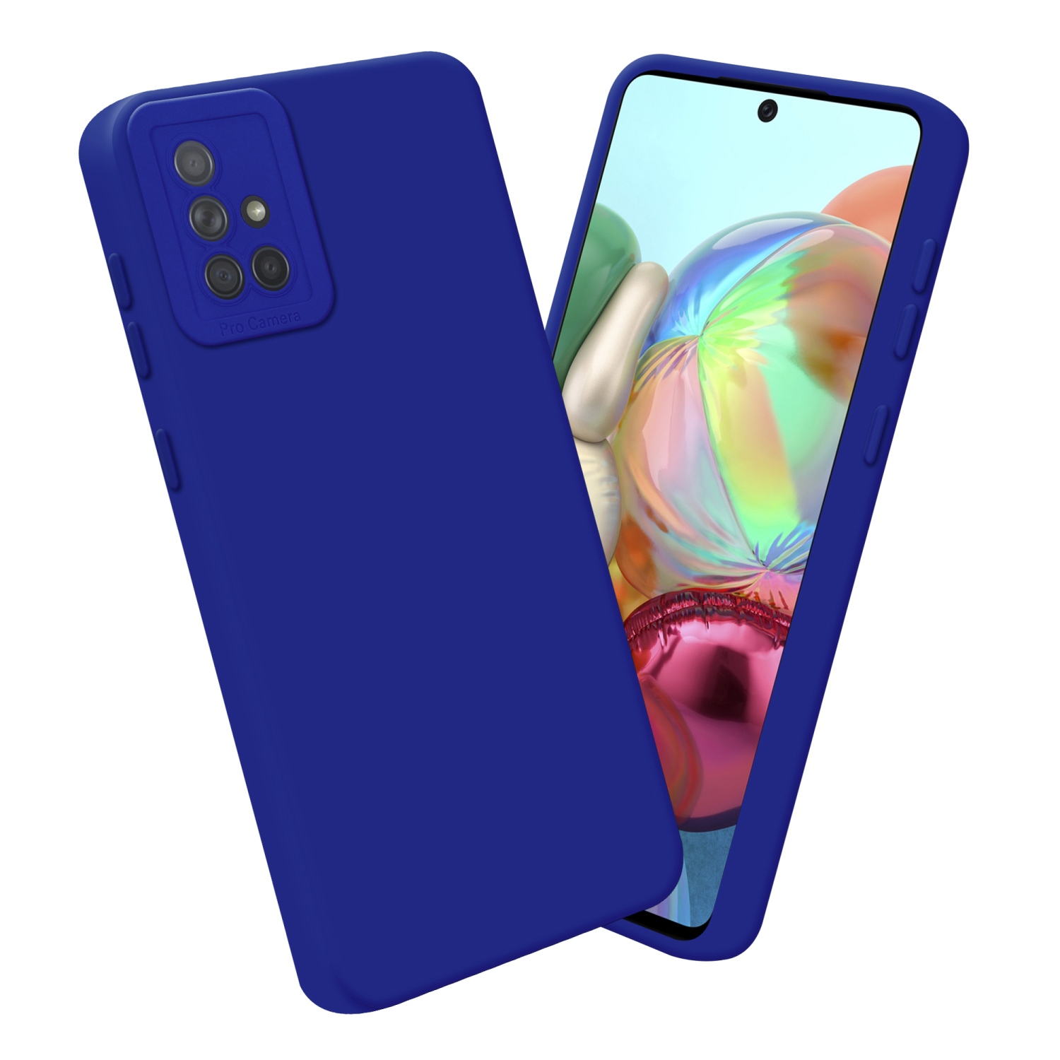 Custodia blu con schermo del telefono visibile.