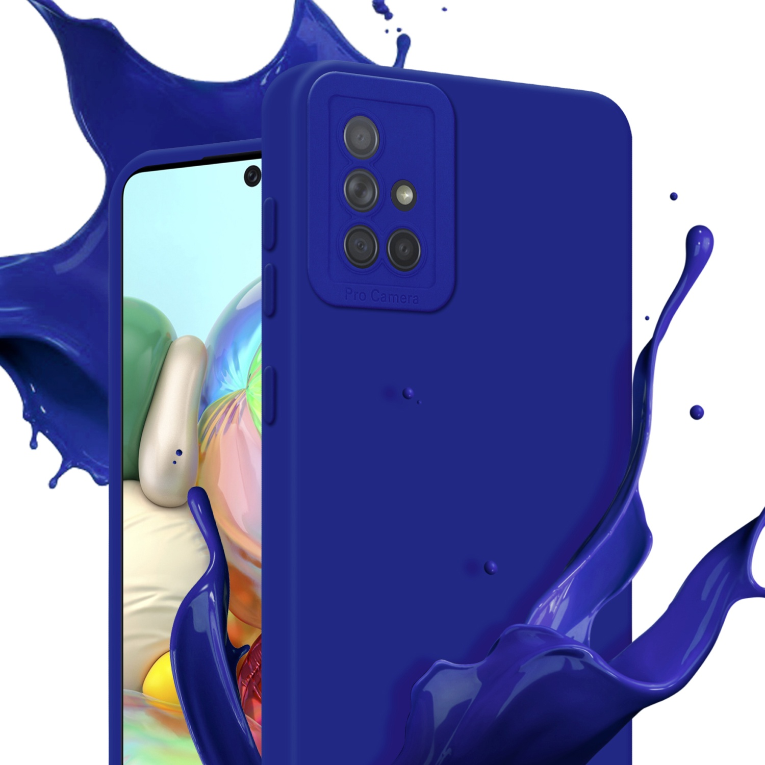 Custodia per telefono blu con telefono. Schizzo di vernice blu dietro il telefono.
