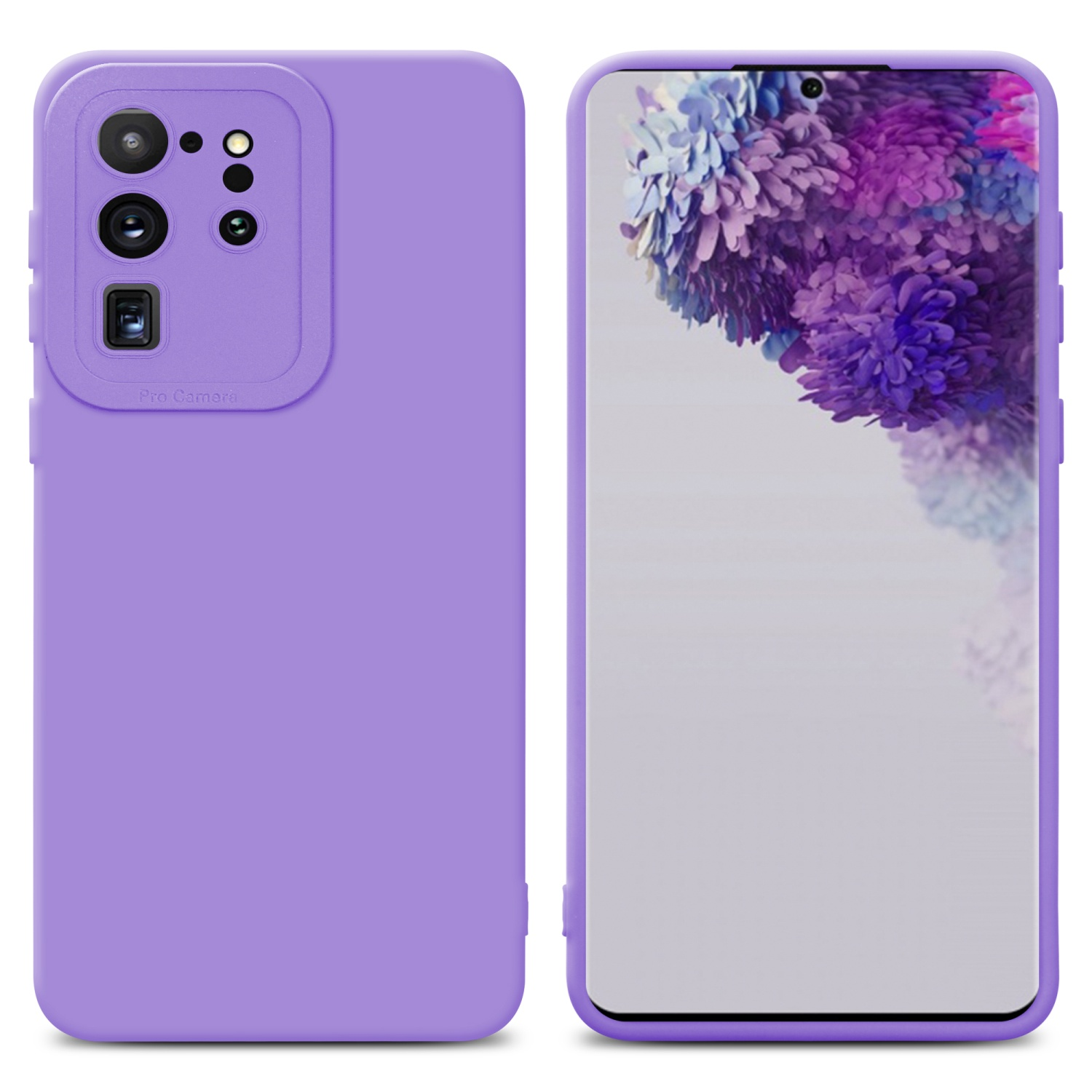 Due custodie per telefono, una lilla, una con schermo che mostra grafica floreale viola.
