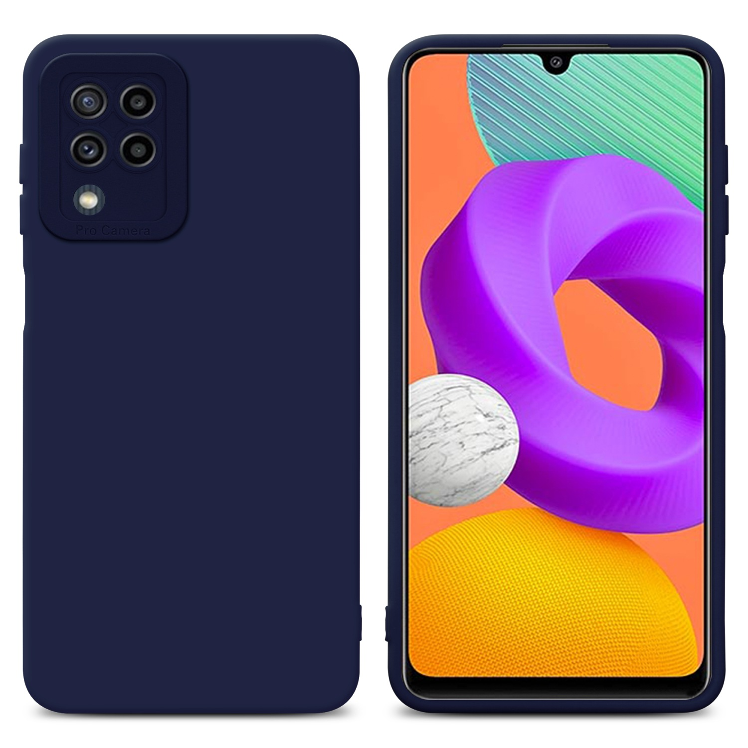 Custodia blu navy con un telefono che mostra un'immagine astratta colorata.