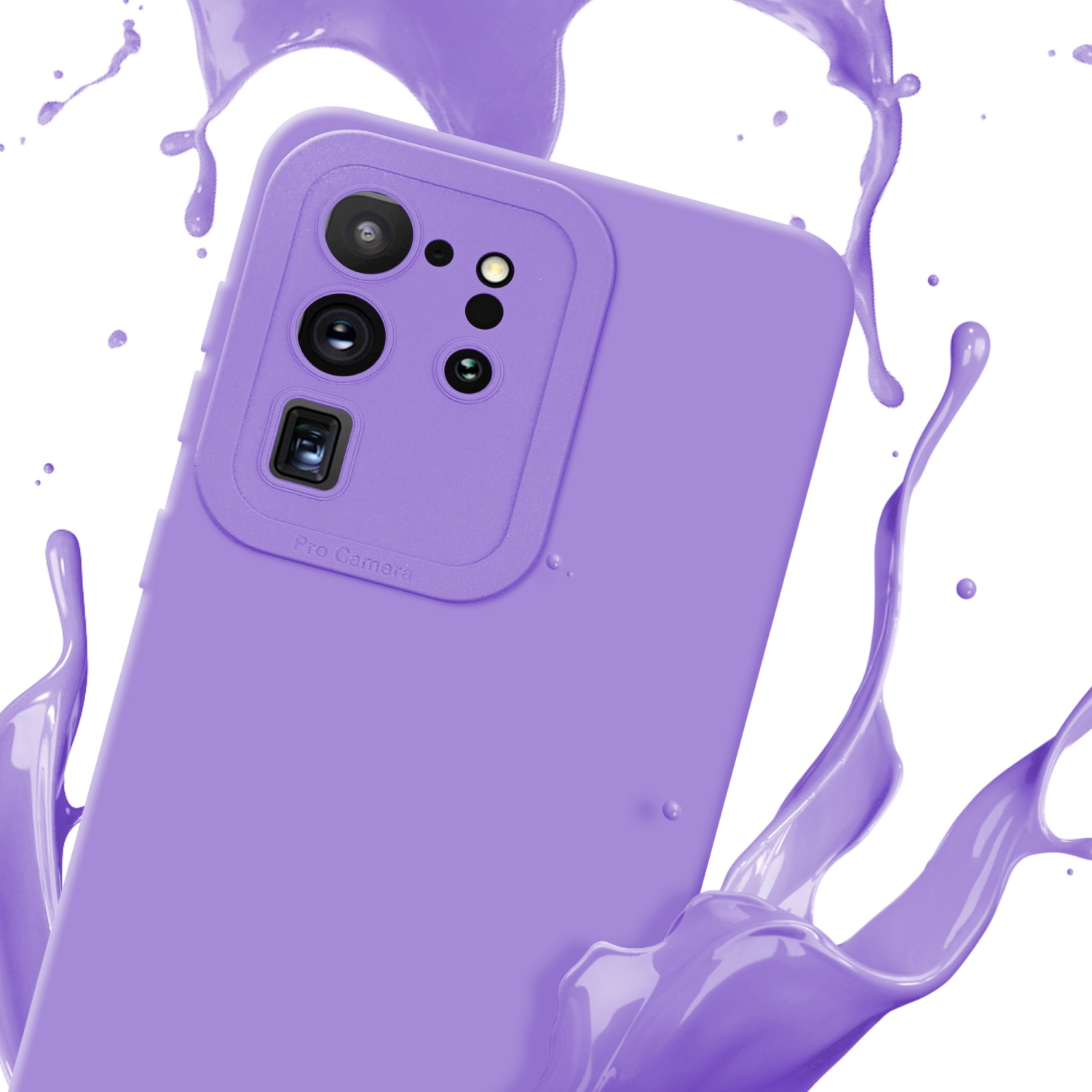Custodia viola con uno schizzo di vernice viola. L'etichetta Pro Camera è sulla custodia.
