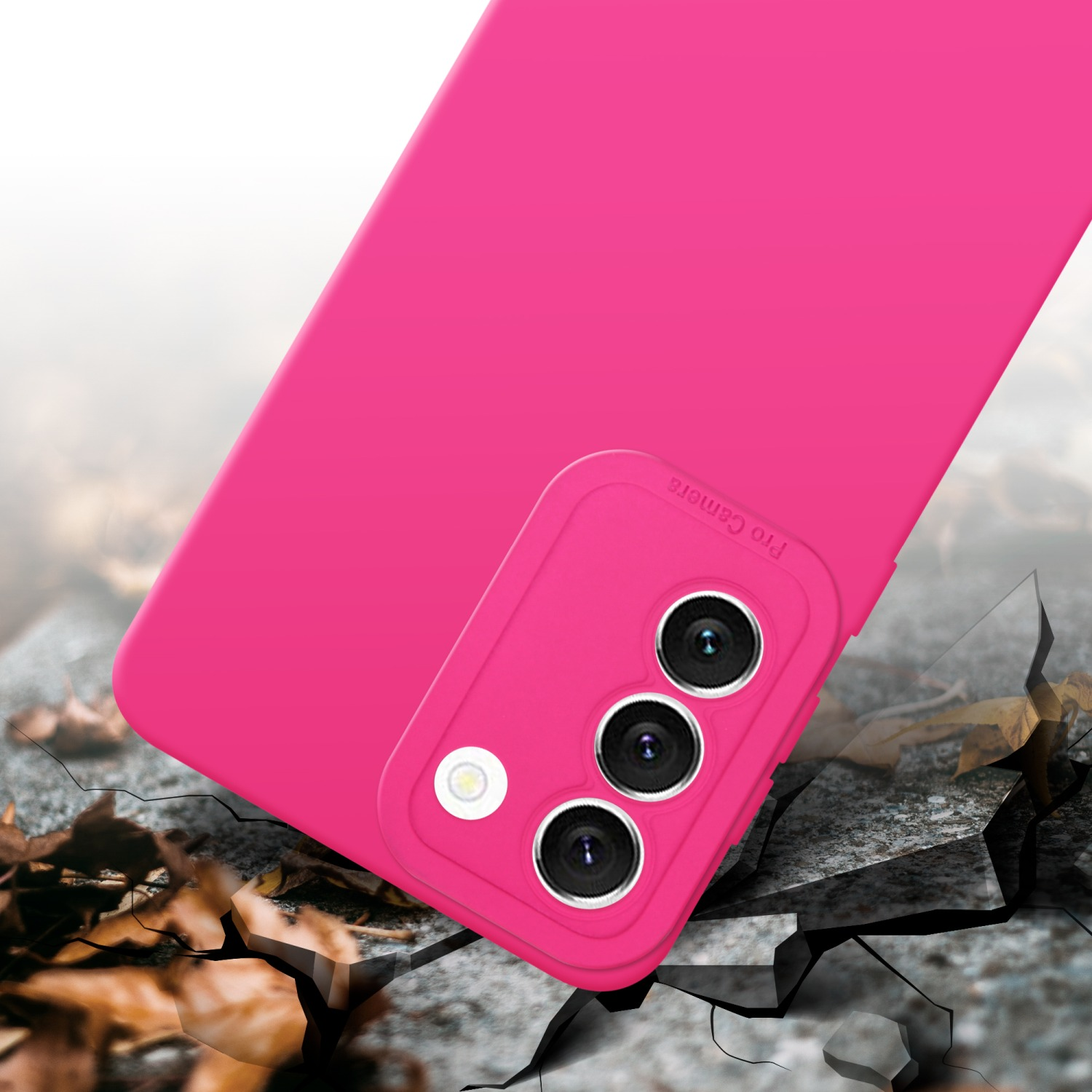 Custodia rosa con ritaglio per fotocamera su superficie crepata, enfatizzando la protezione dalle cadute.