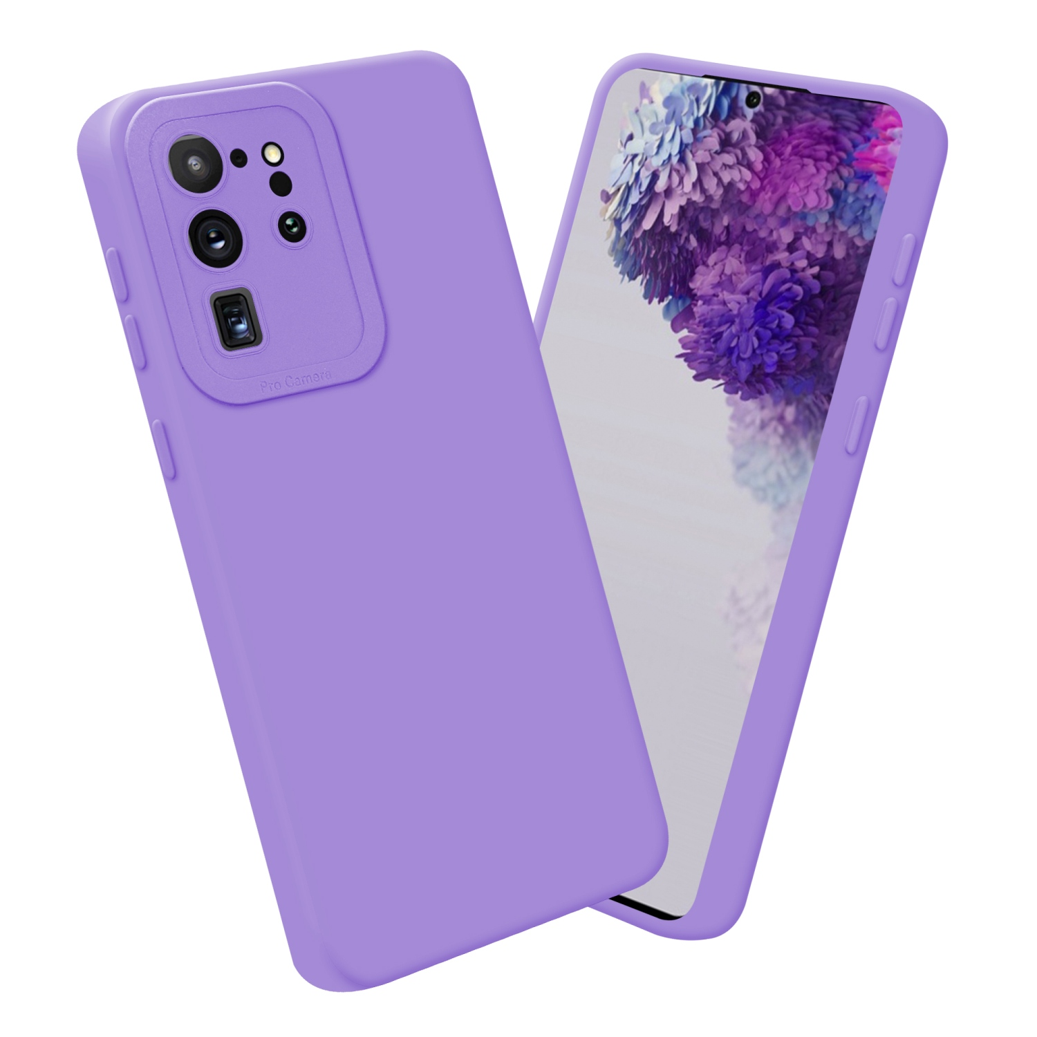Custodia viola con telefono, con fotocamera pro e sfondo viola.