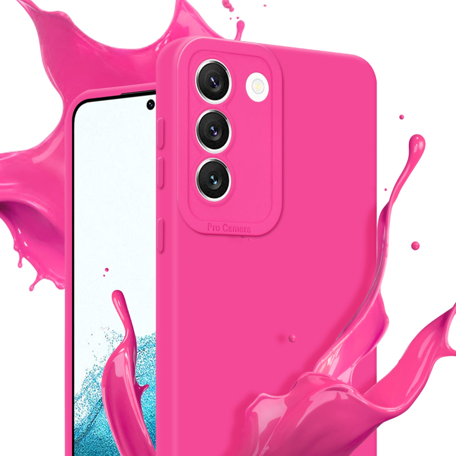Custodia rosa per telefono con fotocamera e spruzzi rosa attorno.