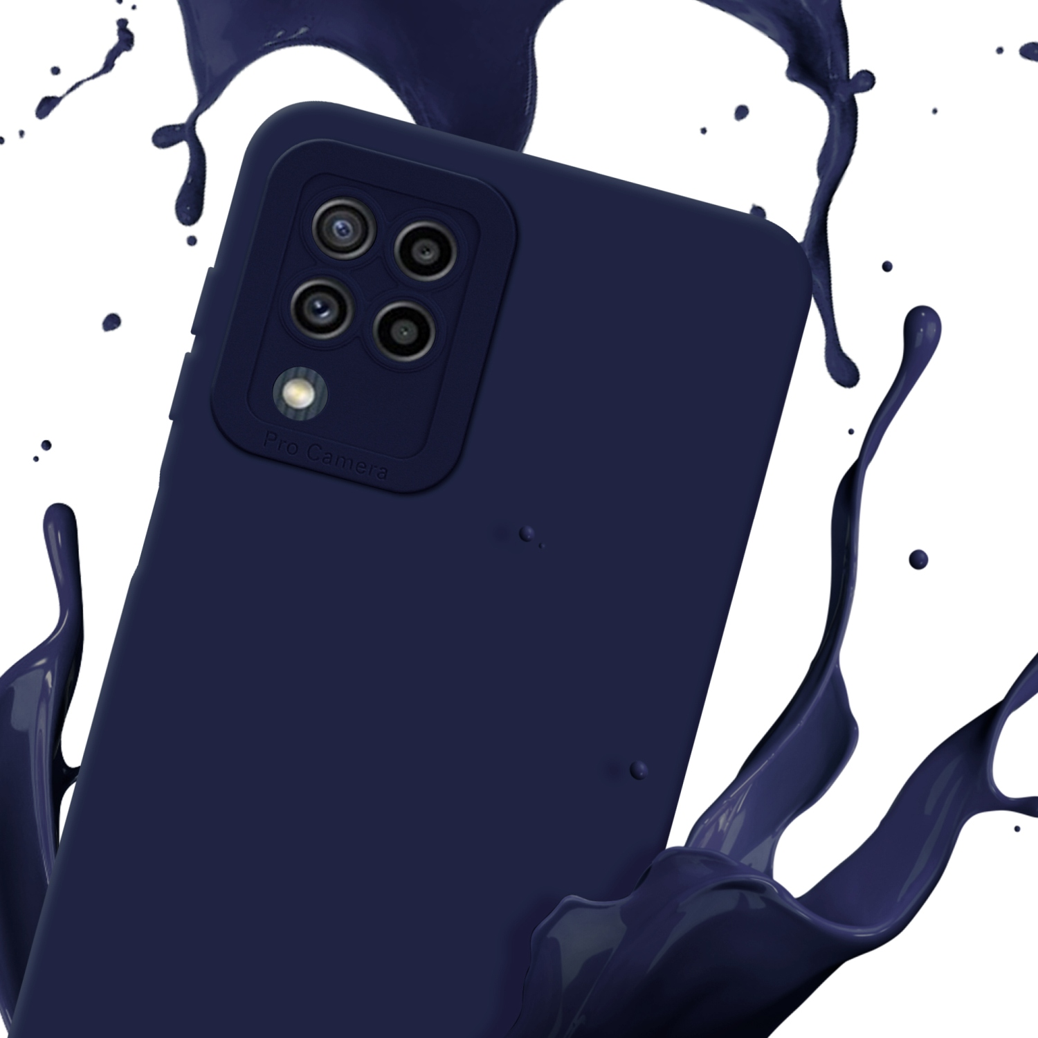 Custodia blu navy con spruzzi di liquido blu. La custodia ha una fotocamera pro.