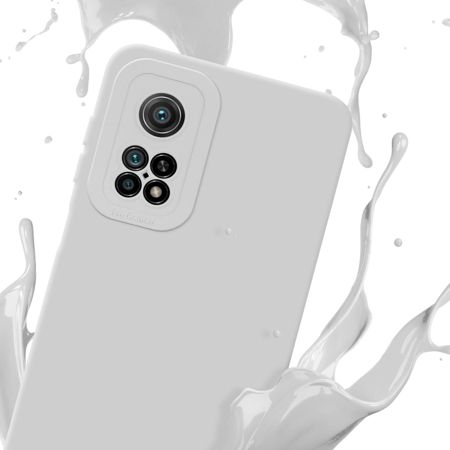 Una custodia bianca per telefono con modulo fotocamera è circondata da schizzi di liquido bianco.