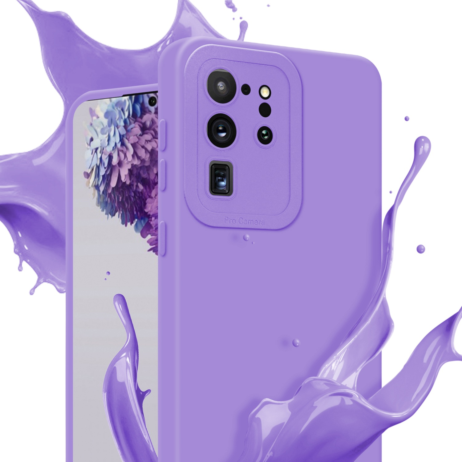 Custodia viola per telefono con telefono, effetto splash. Sfondo bianco.
