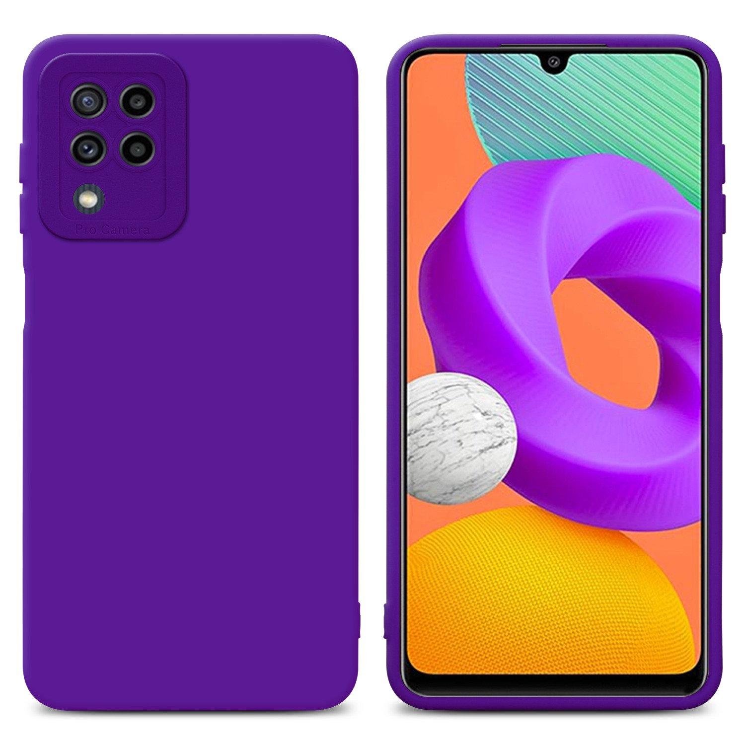 Due telefoni viola. Uno mostra lo schermo con forme. La custodia ha un dettaglio fotocamera.