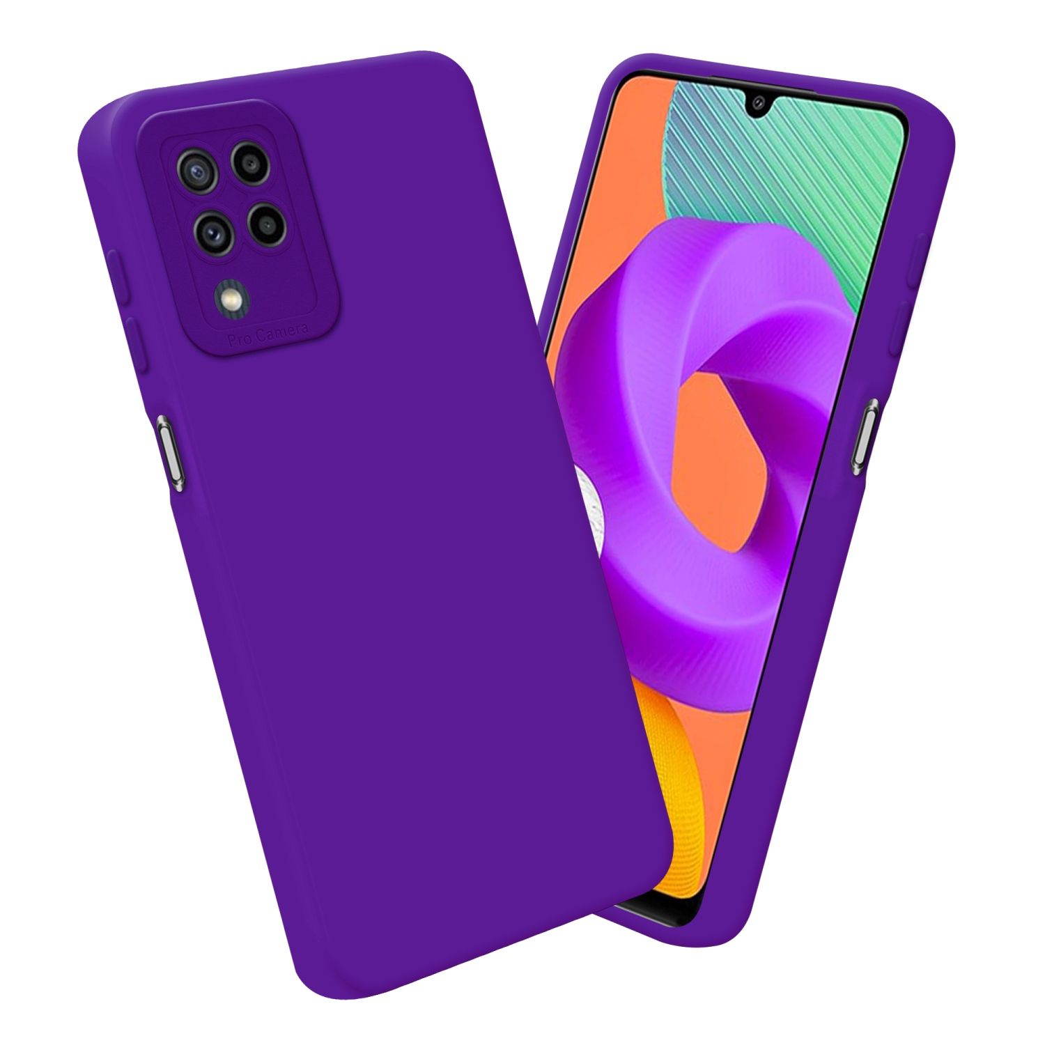 Due custodie per telefono viola, una con il telefono all'interno e l'altra vuota.