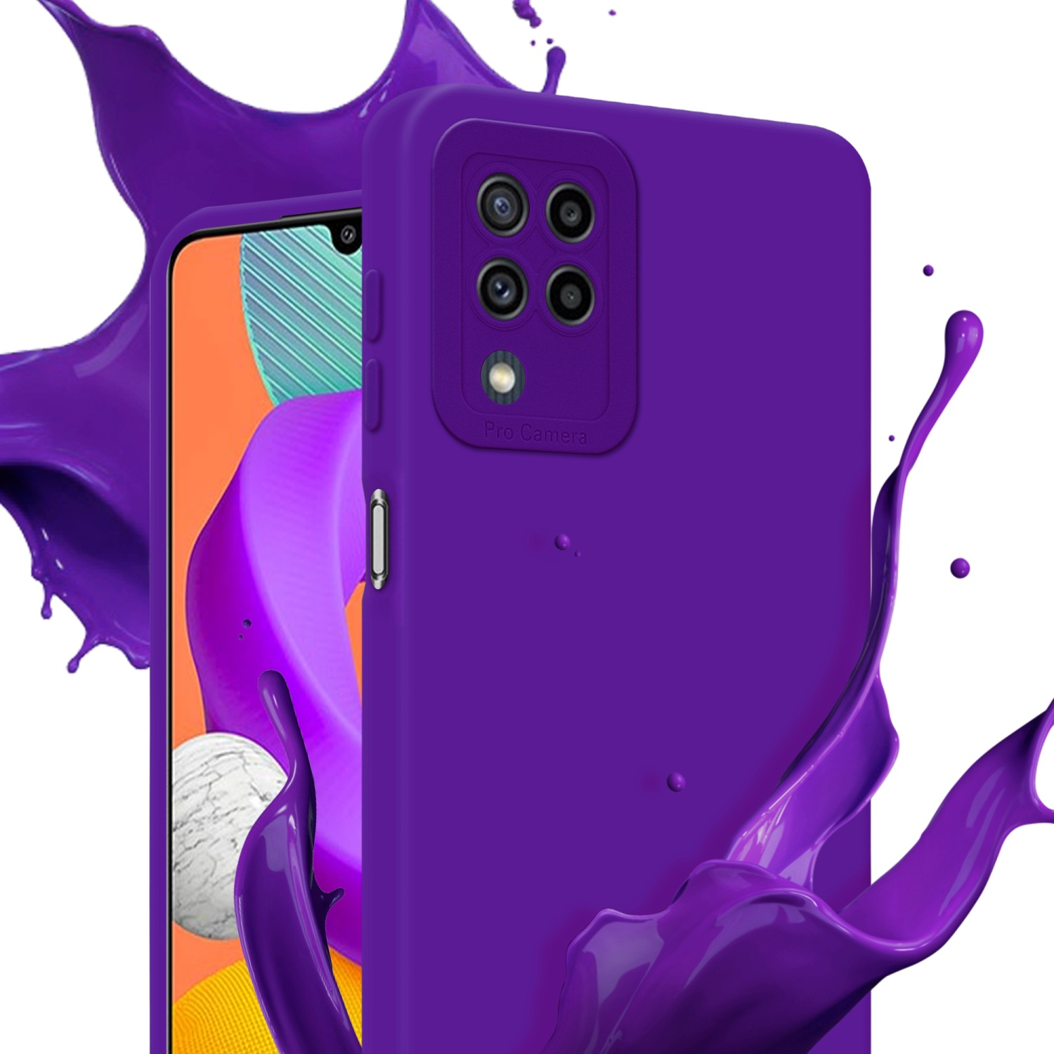 Una custodia viola per telefono con una sezione fotocamera è accanto a un telefono con schizzi di liquido viola.