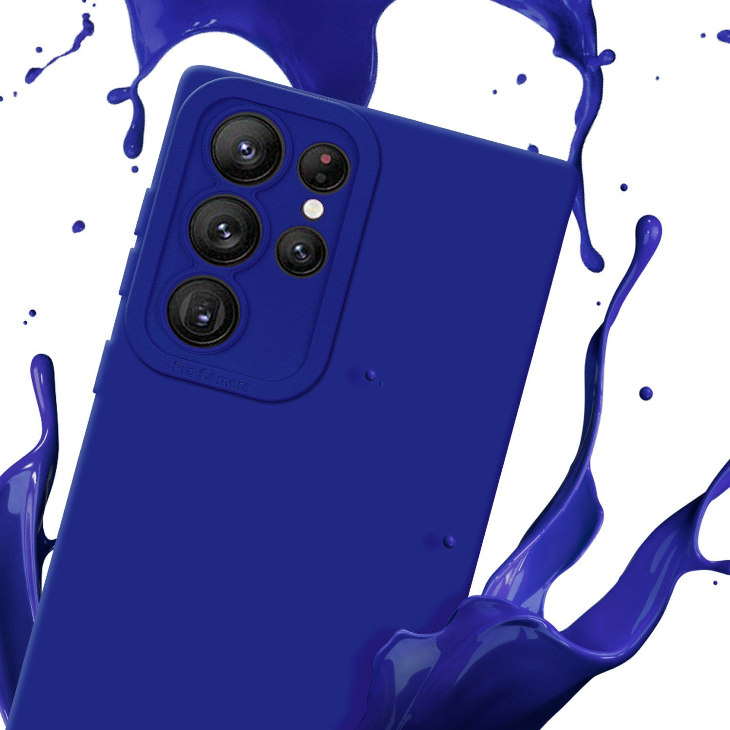 Coque de téléphone bleue avec caméra pro, éclaboussure de liquide bleu sur fond blanc.