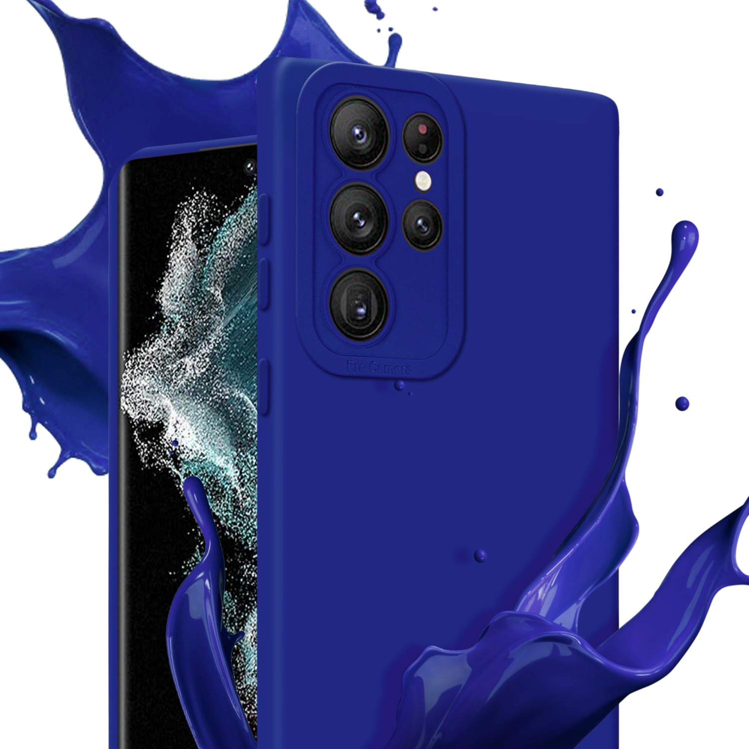 Coque de téléphone bleue avec une éclaboussure de peinture bleue. L'écran du téléphone est visible.