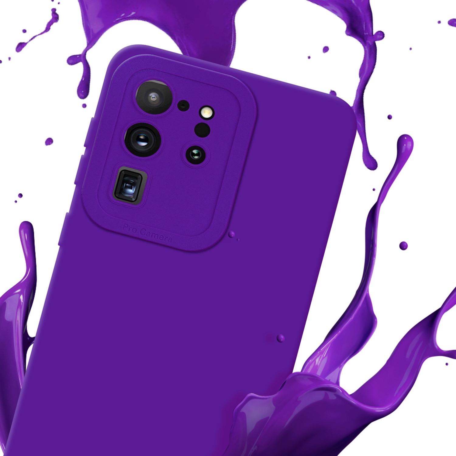 Custodia viola con dettaglio fotocamera, schizzo di vernice viola su sfondo bianco.