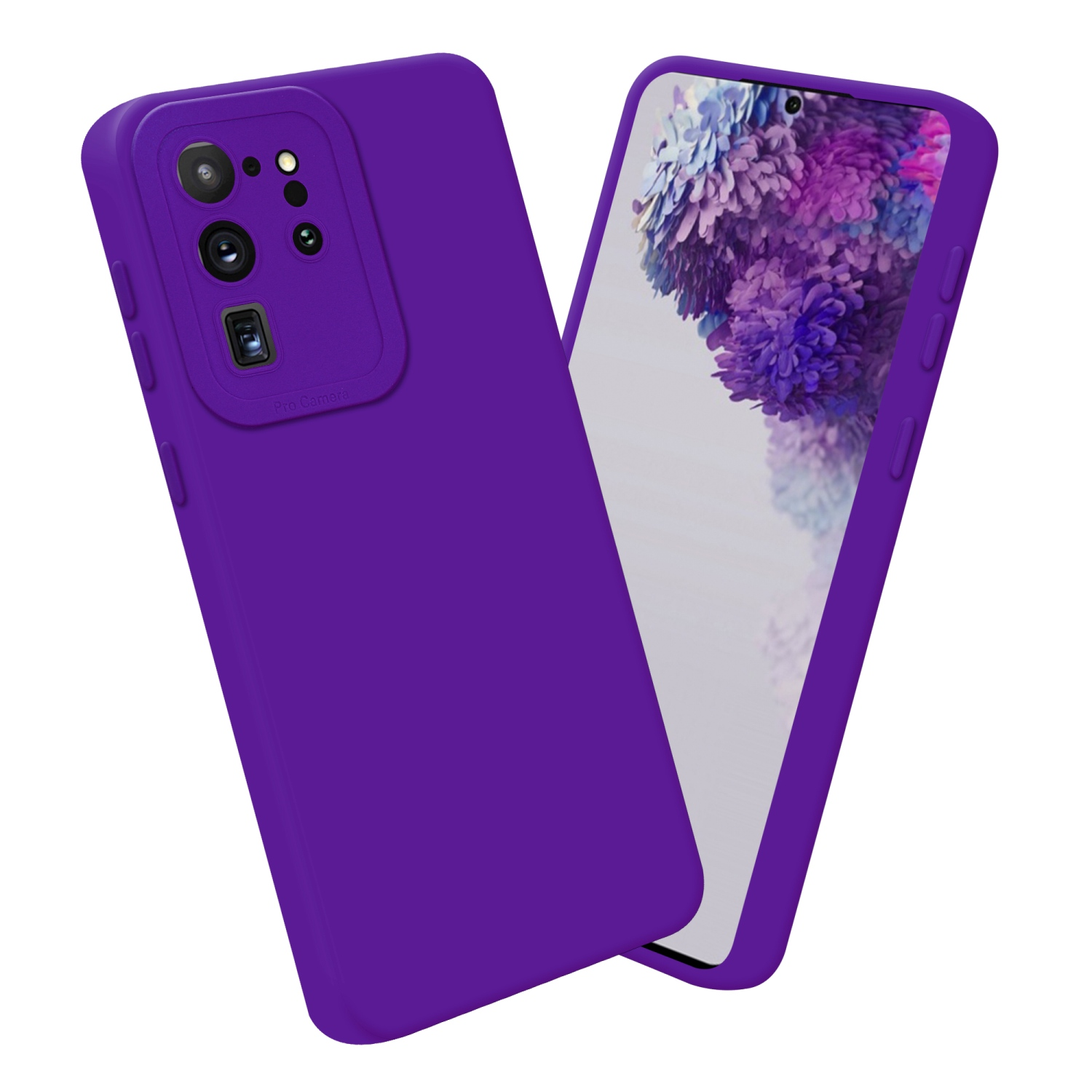 Custodia viola con telefono dentro, schermo bianco, sfondo bianco.